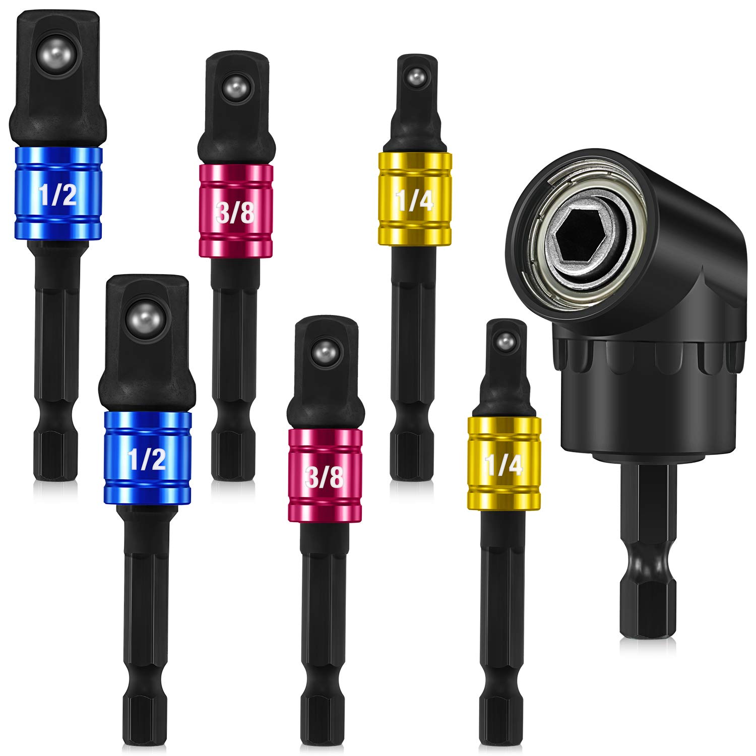 Chumia 7 Piece Impact Grade Driver Socket Adapter Extension Set 6 Piece 1/4, 3/8, 1/2 Inch Socket Adapter Set Hex Shank Square Nut Driver Adapter and 105 Degree Right Angle Screwdriver Drill