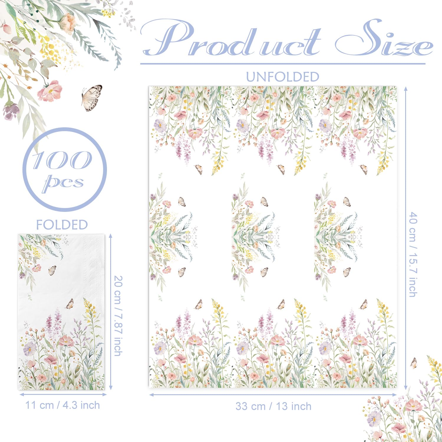 100 Spring Flower Napkins - Watercolor Wild Flower Disposable Hand Towels - Napkins Disposable Decorative for Bathroom Toilet Room Wedding Baby Shower Birthday Bridal Party Decor