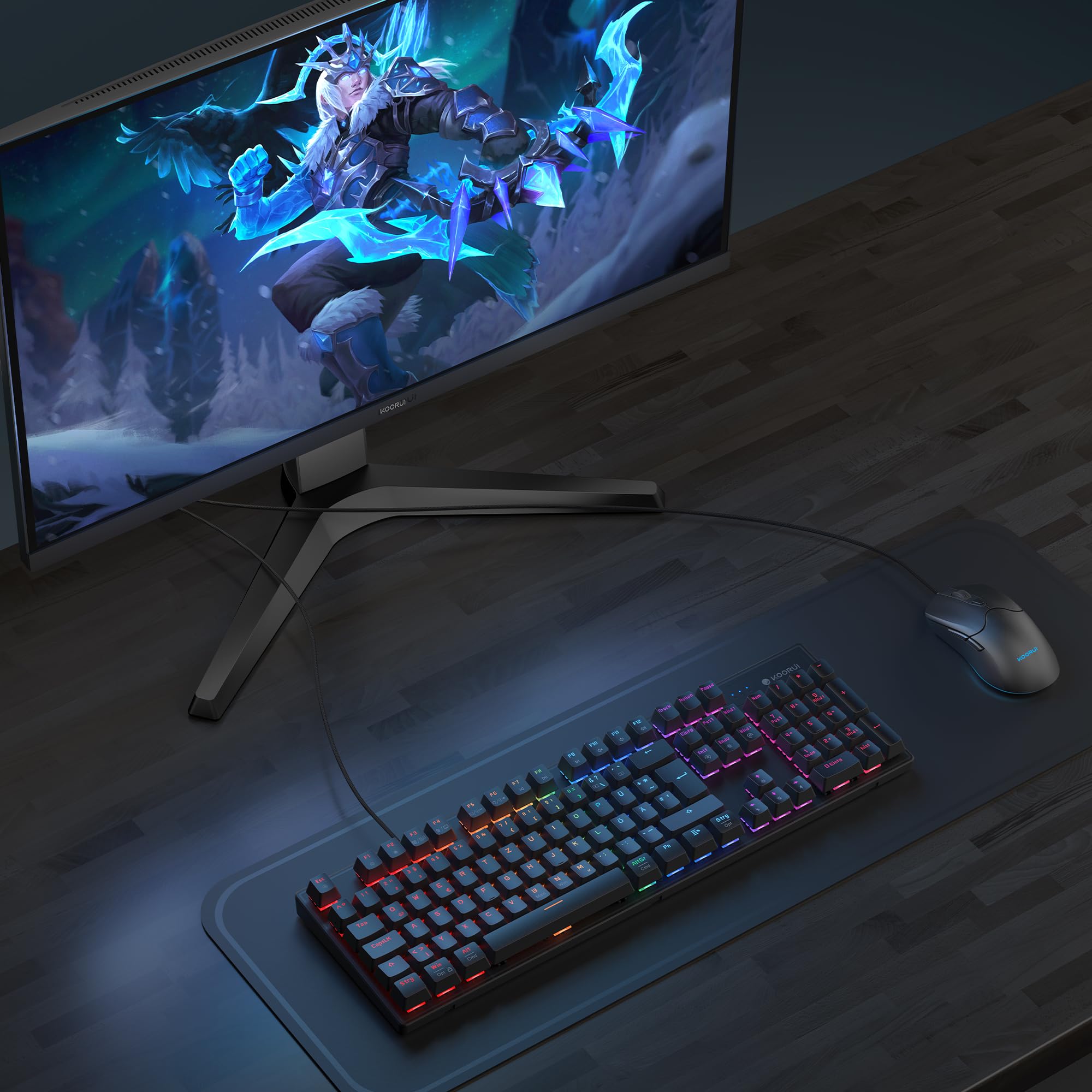 KOORUI Set tastiera e mouse da gioco, set tastiera mouse meccanico DE QWERTZ layout 12 tasti funzione Tastiera e mouse ergonomici USB con 6 pulsanti 320DPI per Win, MacOS, Linux Red Switch