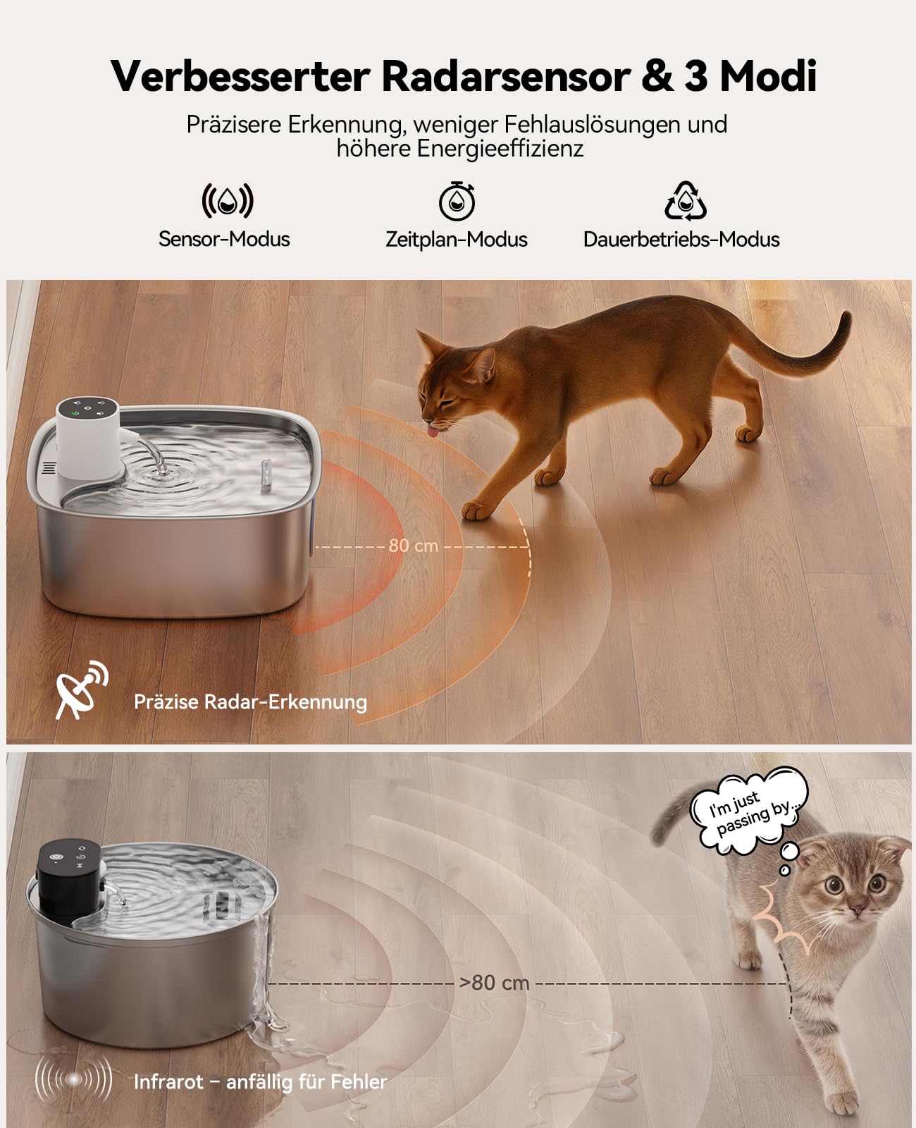 FEELNEEDY 8L Katzenbrunnen Kabellos, 5000mAh Trinkbrunnen für Hunde mit 3 Filters, Katzenbrunnen Edelstahl Spülmaschinenfest, Verbesserter Radarsensor