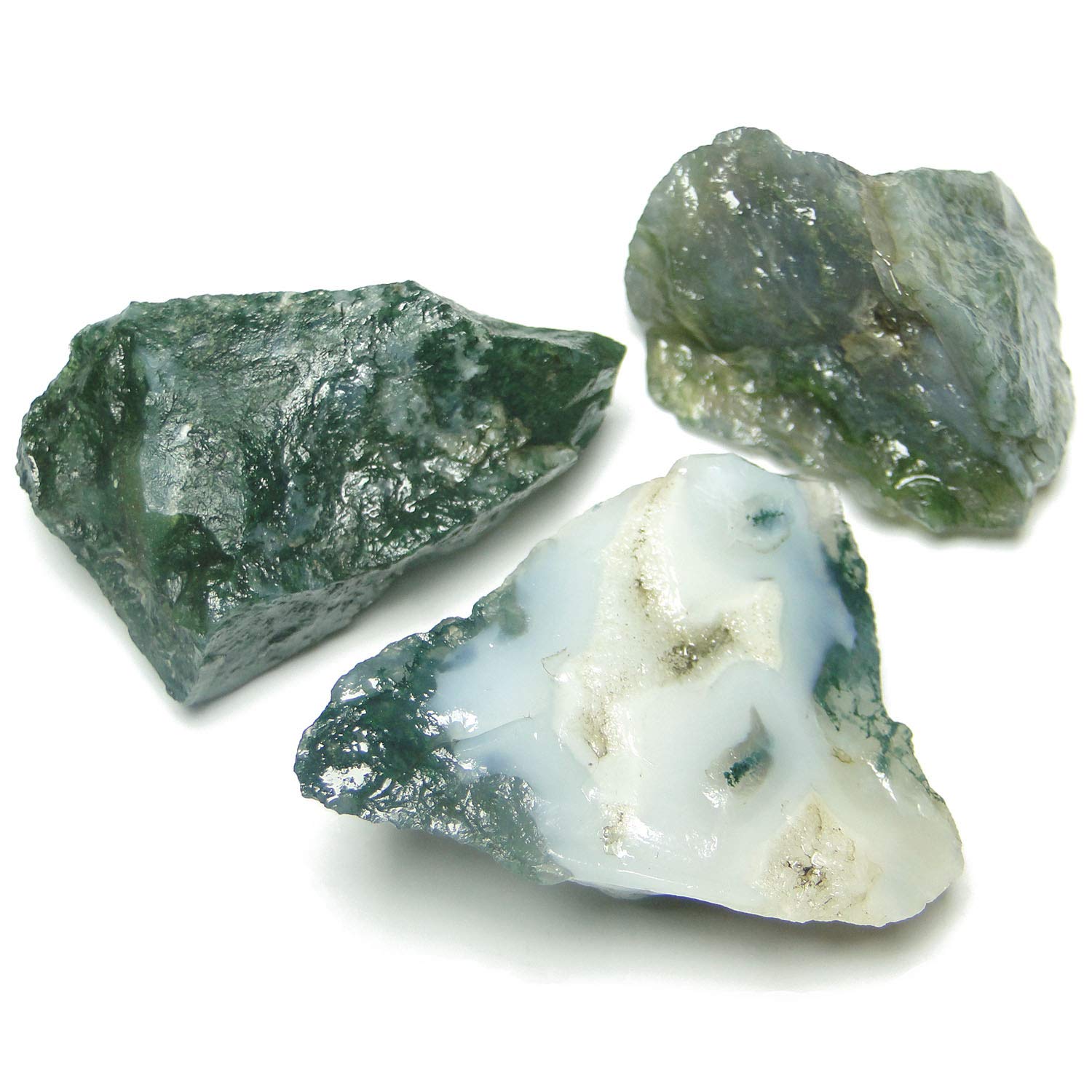 Nature's Crest Green Moss Agate Natural Energized Raw Rough Chunks for Vastu Healing Mediation Reiki & Pooja (3 Pcs Pack)
