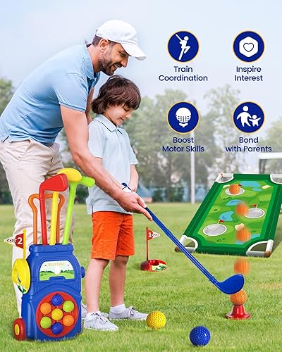 Miniatura 2 de KINGTOP Juego de golf para niños pequeños con tapete de putting y tabla de cornhole, palos de golf para niños de 3 a 5 años con 10 pelotas, 4 palos,