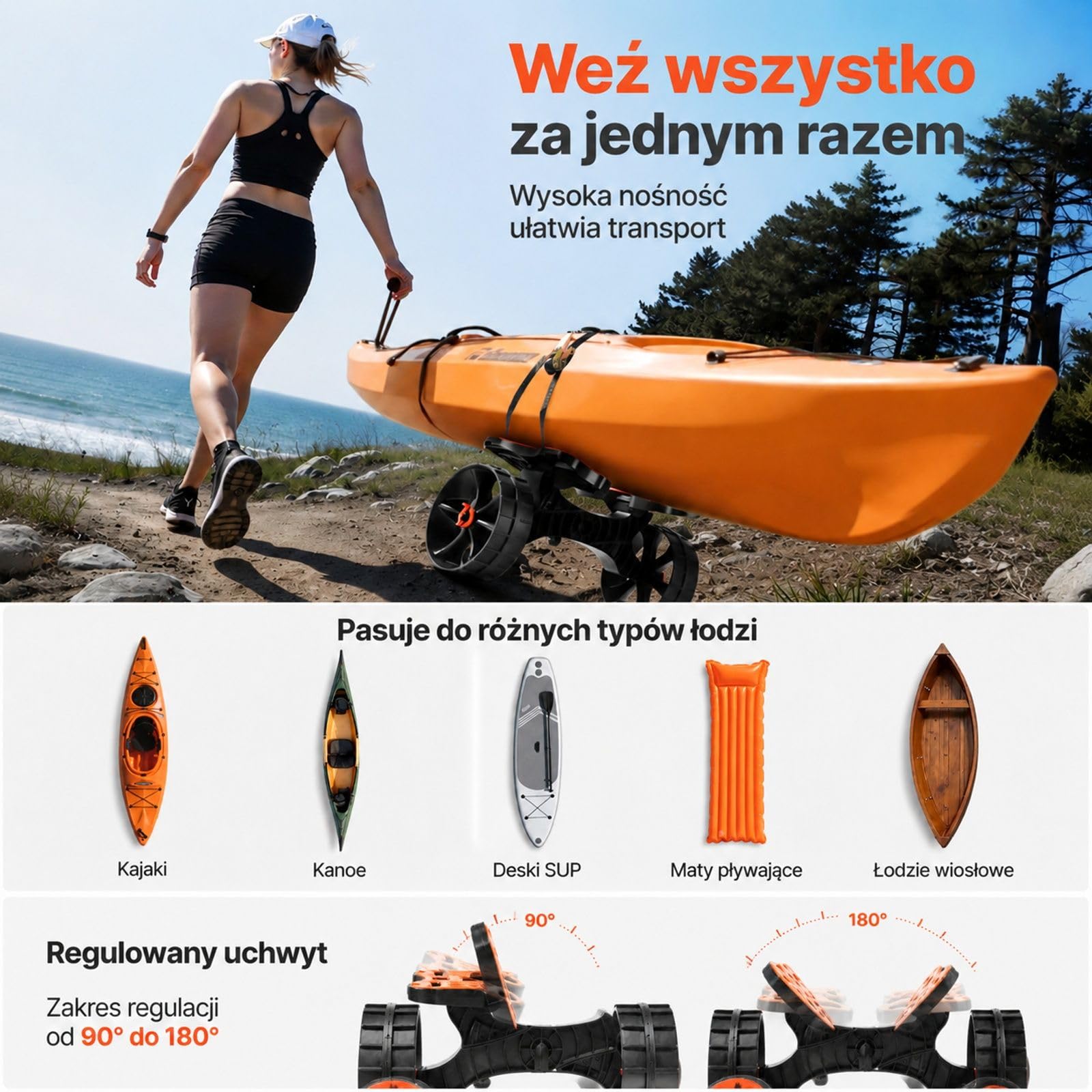 Składany wózek do kajaka z ramą nylon TPR, kołami z pełnej gumy i paskiem zapadkowym do kajaków, kanadyjek i desek paddleboard