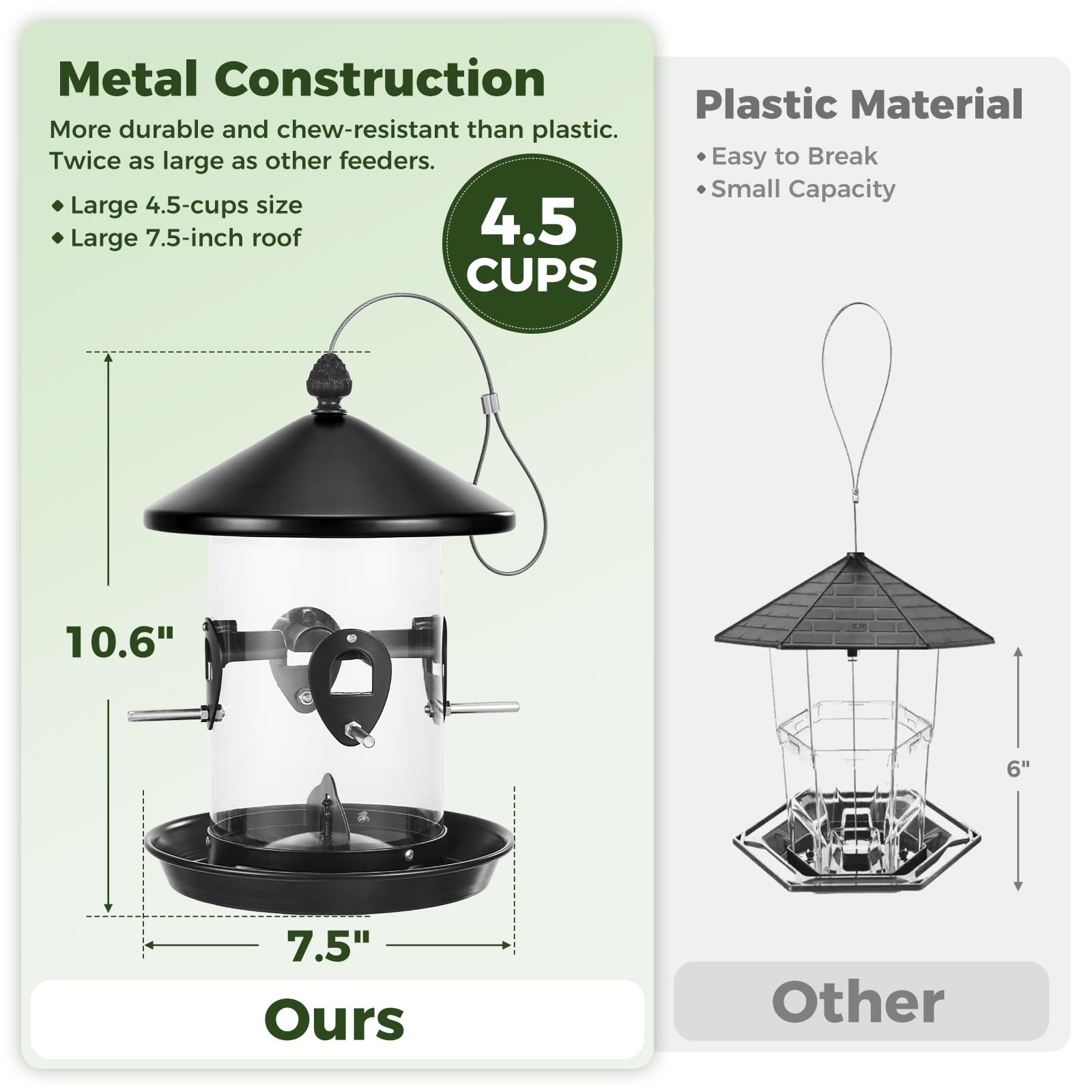 Kingsyard Comedero de metal para pájaros para colgar al aire libre, comederos de tolva con bandeja de semillas, tubo de gran capacidad de 3 libras con 4 puertos, fácil de llenar y limpiar, color negro