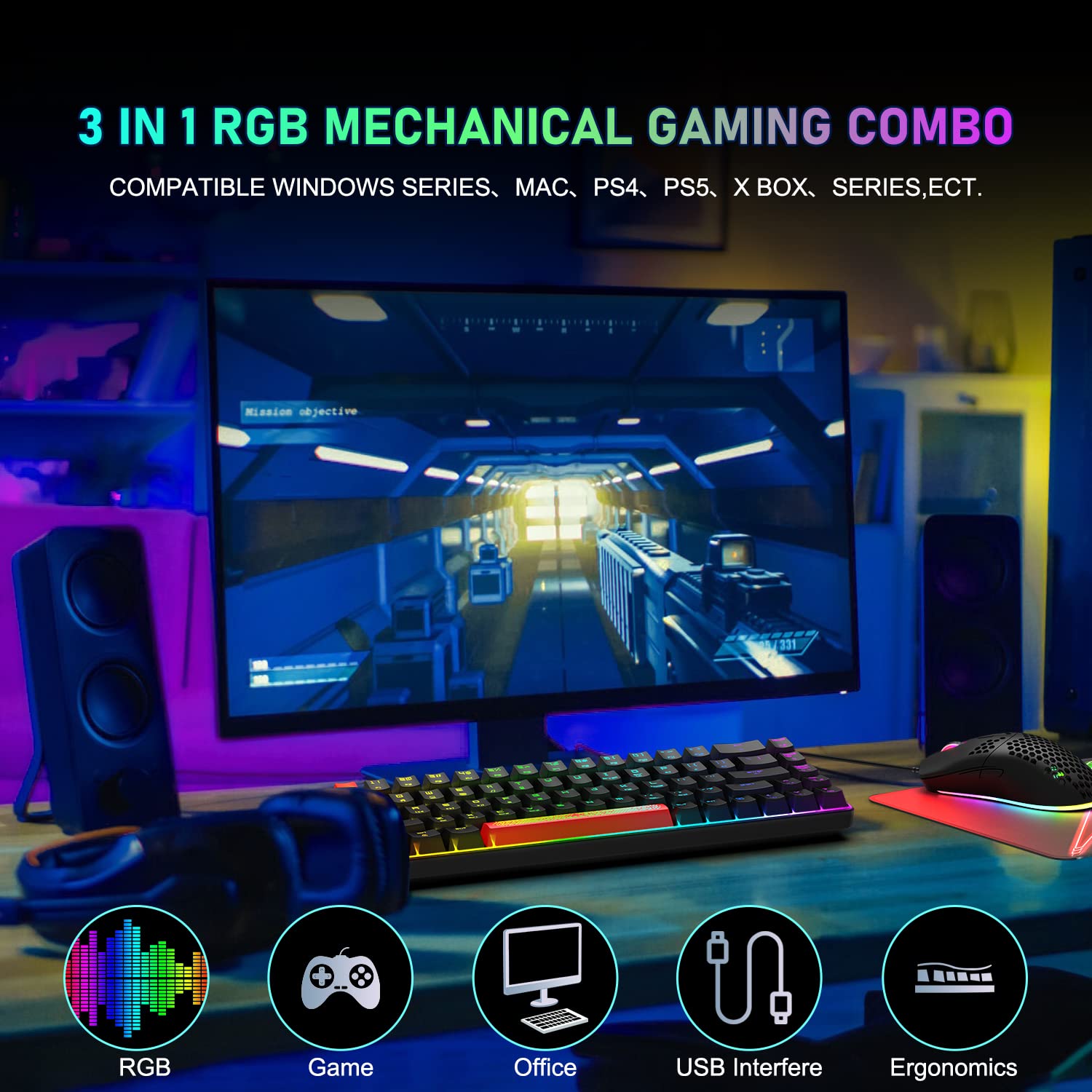 Lexonelec MK14-65 Percent Kompakt Pc Mac Gaming Maus Und Tastatur Set Mit Kabel RGB Handballenauflage Typ C Gamer Tastaturen Ergonomische 12000 DPI Beleuchtung Led Maus - Roter Schalter