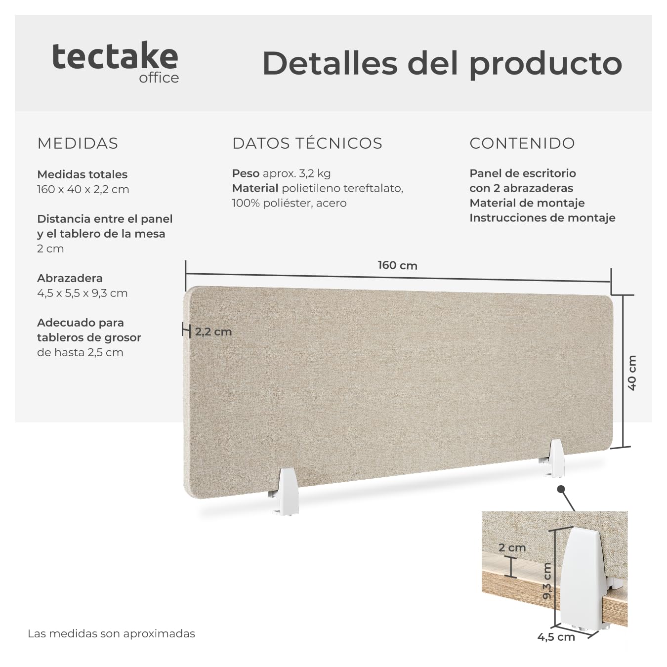 tectake® Panel Separador Escritorio, Panel Acústico con 2 Clips de Fijación, Tablero Escritorio con Espacio para Cables, Separador Mesa Oficina, Mampara Separadora, Funda Poliéster, 160x40 cm - Beige