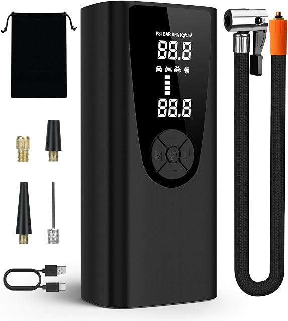 Tire Inflator Portable Air Compressor-Air Pump for Car -180 PSI Electric Tire Inflation-Cordless Tire Pump with Pressure Gauge Emergency Light for Motor, Bike, Ball, Dark