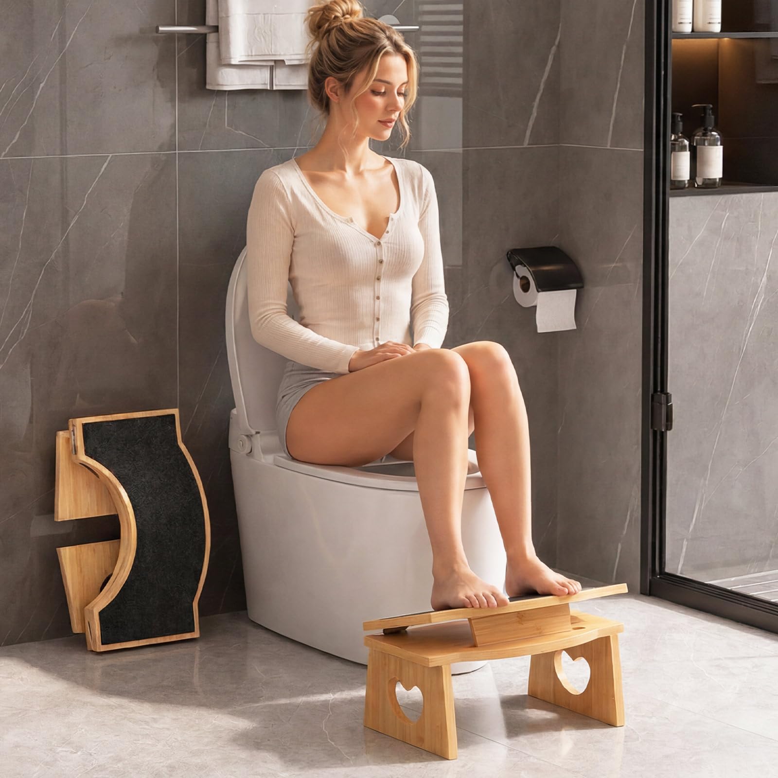 HOOBRO Taburete Plegable de Bambú para Inodoro, Taburete Fisiológico para Baño, Antideslizante, sin Necesidad de Montaje, Color Bambú Natural y Negro EYL03FP01