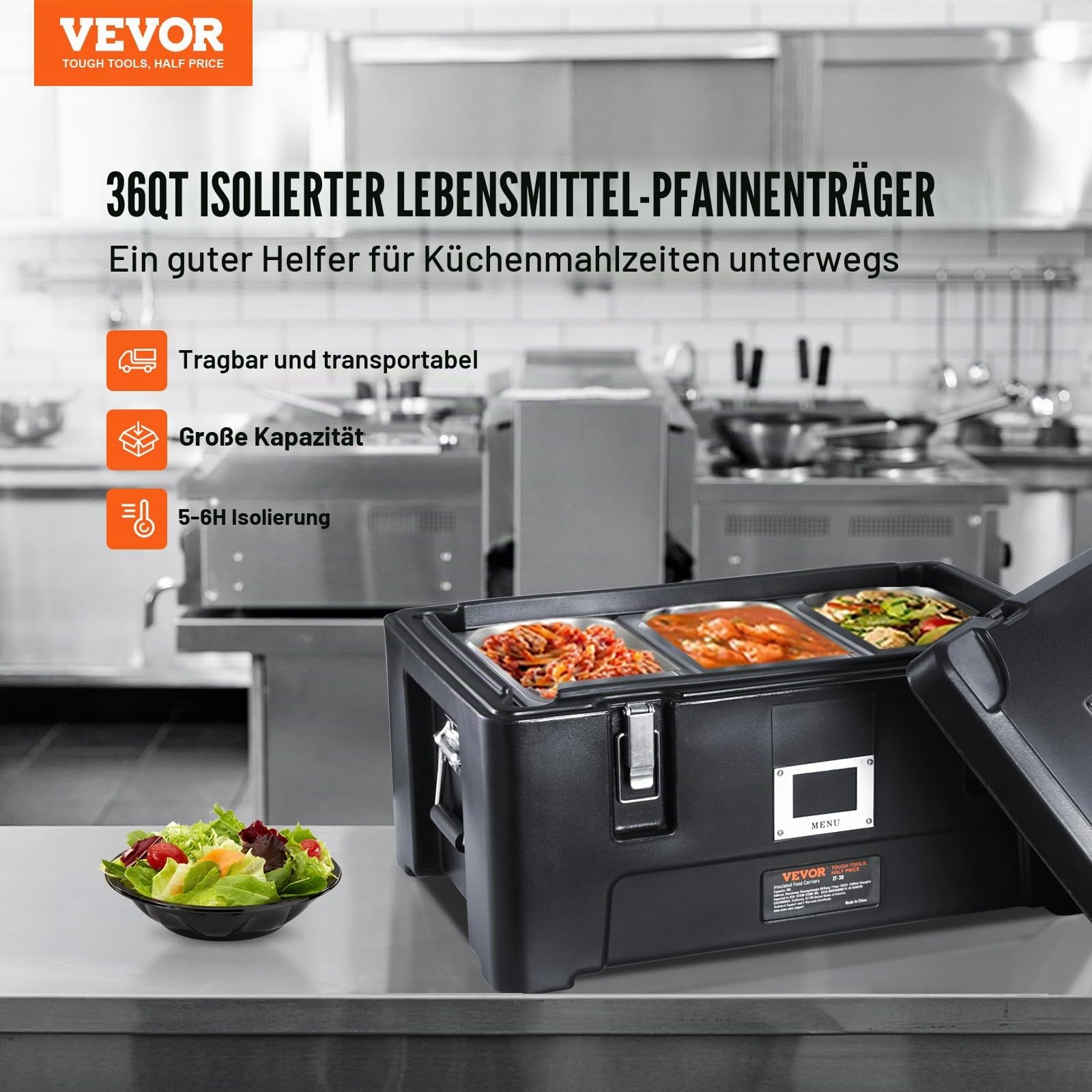 VEVOR Isolierter Thermobox Isolierbox Lebensmittelbehälterträger, 30 L für Catering, Tragbare LLDPE-Lebensmittelbehälterträger, Schwarz Frontlader-Speisewärmer für Restaurant, Kantine usw.