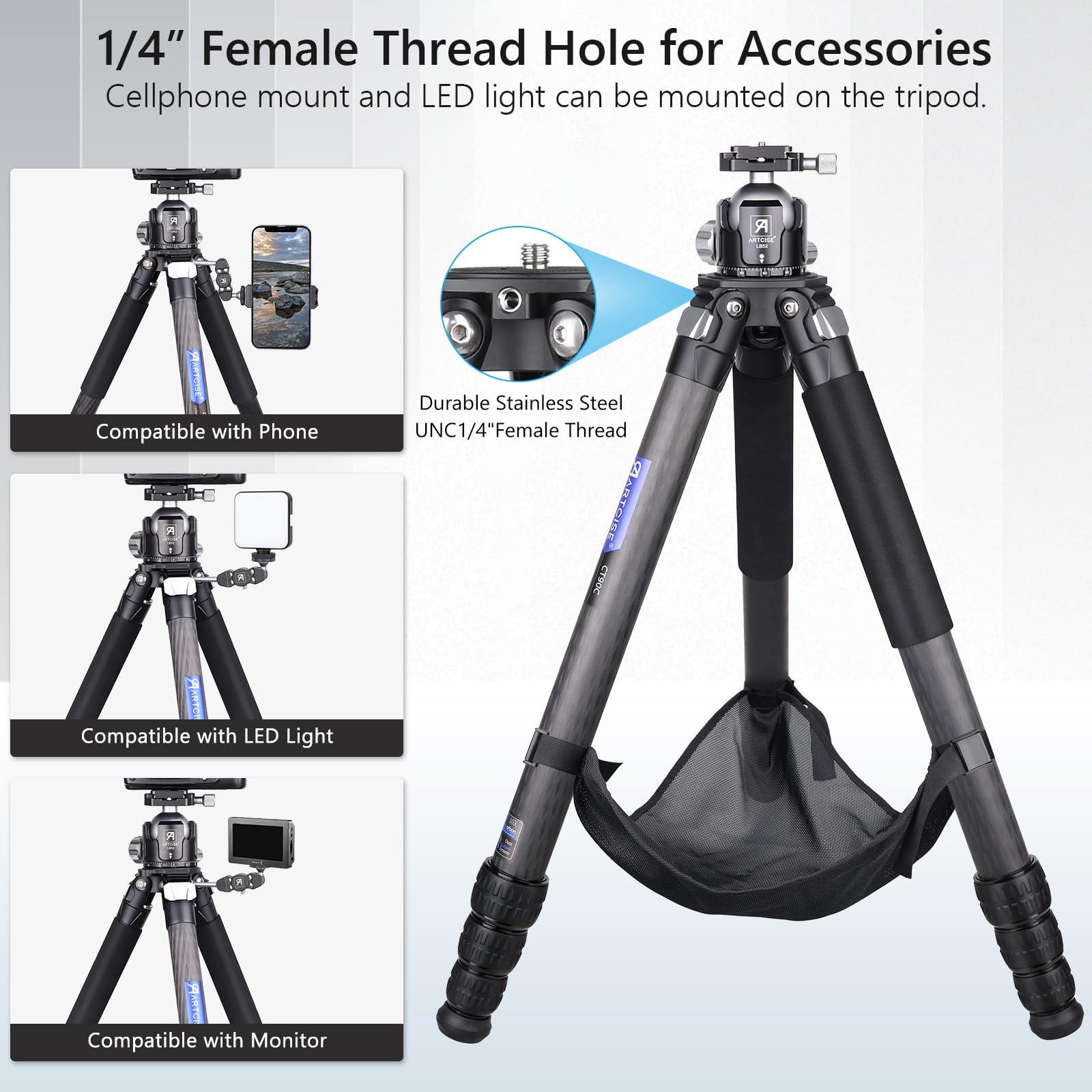 Treppiede in alluminio resistente ultra stabile da 40 mm con adattatore per ciotola da 75 mm per fotocamere DSLR, carico massimo 39,9 kg/40 kg (alluminio 90C)