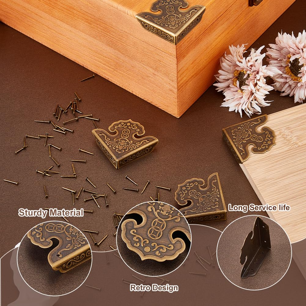 SUPERFINDINGS 4Pcs Brass Box Corner Protectors Furniture Corner Protector Jewelry Box Corners Chest Corners Protector Guard Edge Cover for Picture Frame Wooden Case Cabinet Furniture,Antique Bronze - Image 4