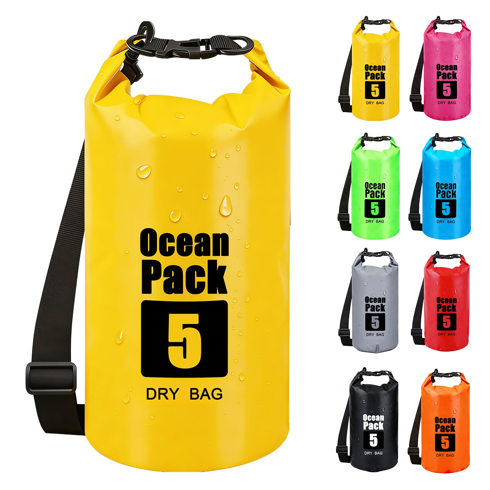 RONGZUBAT 5L Waterproof Dry Bag with Adjustable Shoulder Strap, Roll Top Dry Sack, Lightweight Waterproof Bag for Kayaking, Paddle Boarding, Boating, Beach, Swimming, Camping and Travel - Yellow