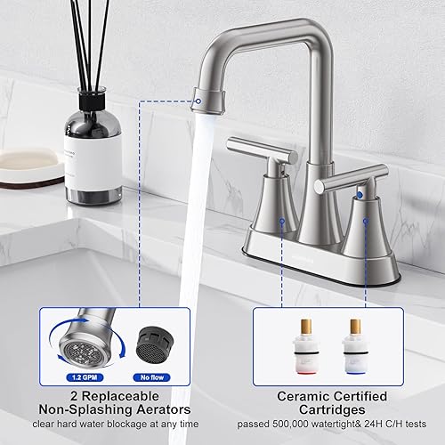 Miniatura 4 de Grifo para lavabo de baño, de níquel cepillado de 4 pulgadas, 3 agujeros con drenaje emergente y líneas de suministro, grifo central de acero