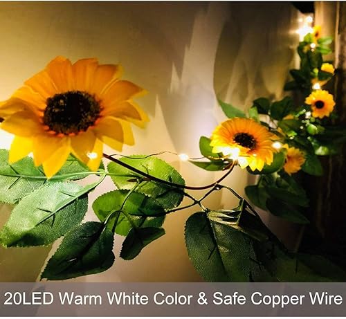 Miniatura 6 de Fielegen Guirnalda de 20 luces LED artificiales de girasol, vides de girasol de seda de 6.56 pies con 9 cabezas de flores, funciona con pilas, para