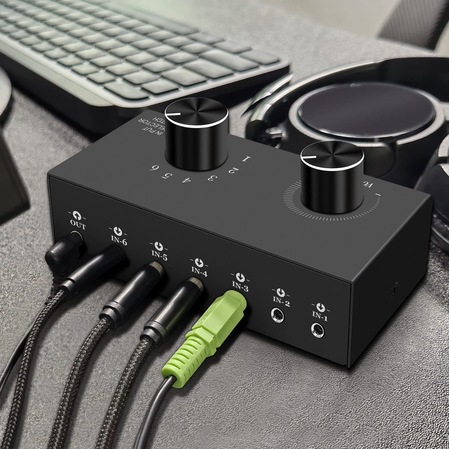 LVY Conmutador de audio de 6 canales de 3,5 mm, estéreo pasivo de 1/8 pulgadas caja de selector auxiliar para altavoz/auriculares, laptop, computadora, smartphone y sistema de juegos PS4/PS5, etc.
