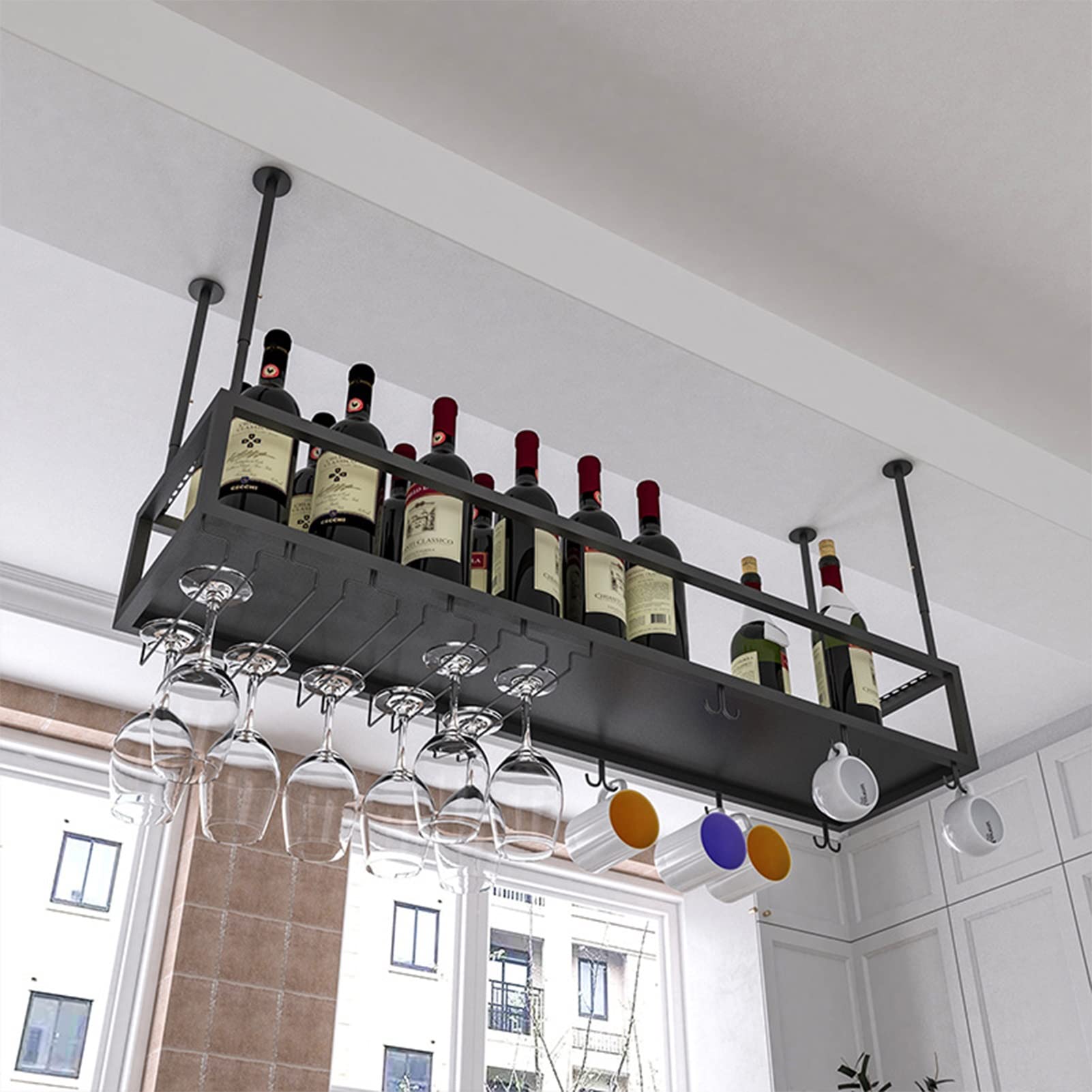 Botellero bajo Mueble - Soporte metálico para Copas y Copas de Vino, Color Negro, para Bares y cocinas (140 x 25 x 21 cm)