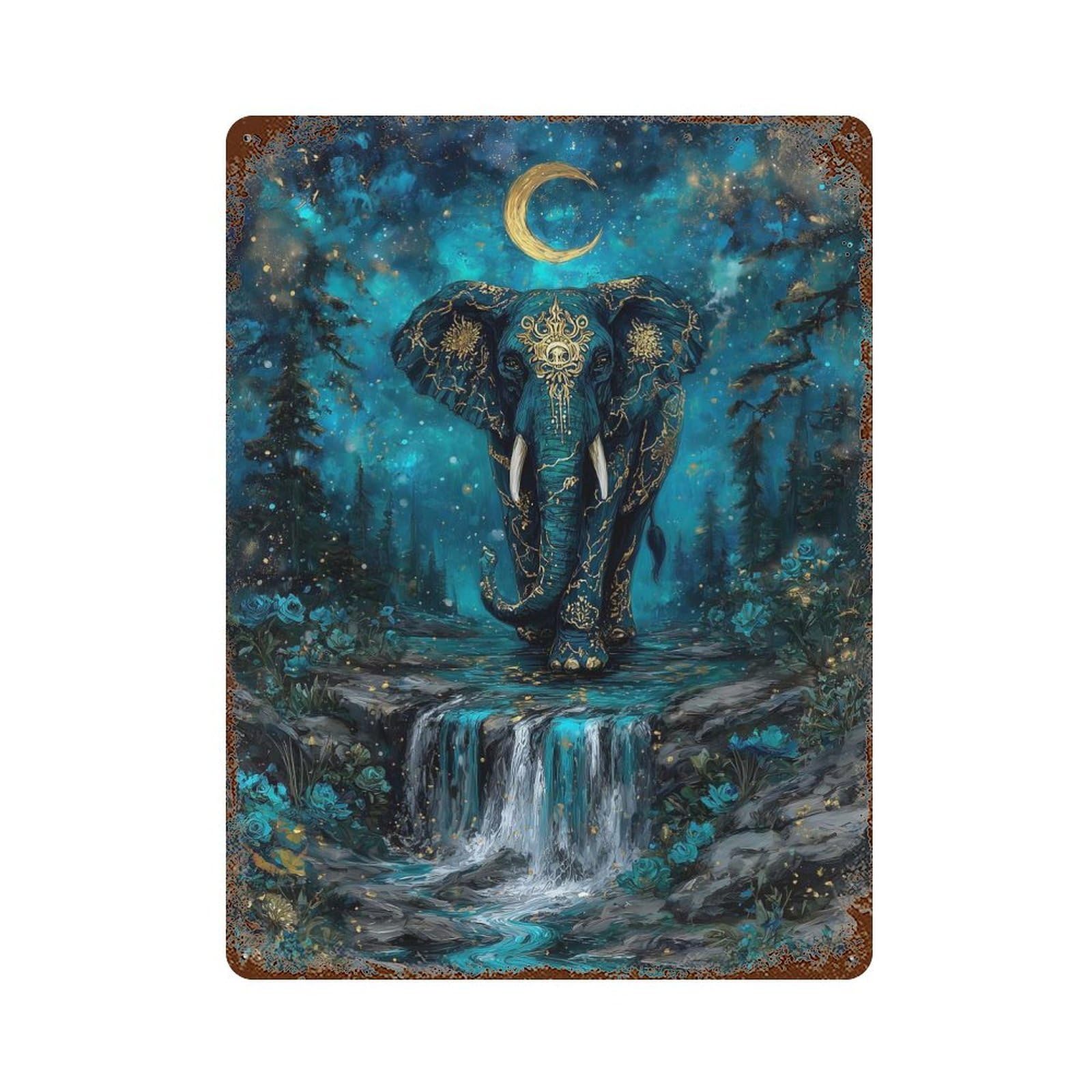 Distressed Metal Wall Sign with Elephant in Teal Forest with Moon Design 15.7"x11.8", for Shed, Workshop And Garage Wall Decor, Decorative Metal Wall Art