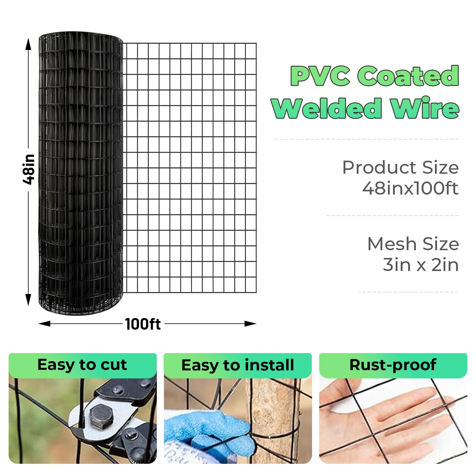 Condition photo showing New/Like New for garden fence black pvc coated welded wire fencing 48 inch x 100 foot, 2 inch x 3 inch 16ga, garden border fencing roll vinyl coating metal wire mesh for yard vegetable plant protection poultry netting