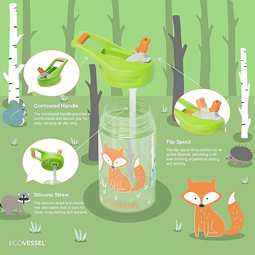 Miniatura 3 de EcoVessel SPLASH - Botella de agua de plástico Tritan para niños con popote, tapa superior abatible a prueba de fugas y asa de transporte, botella