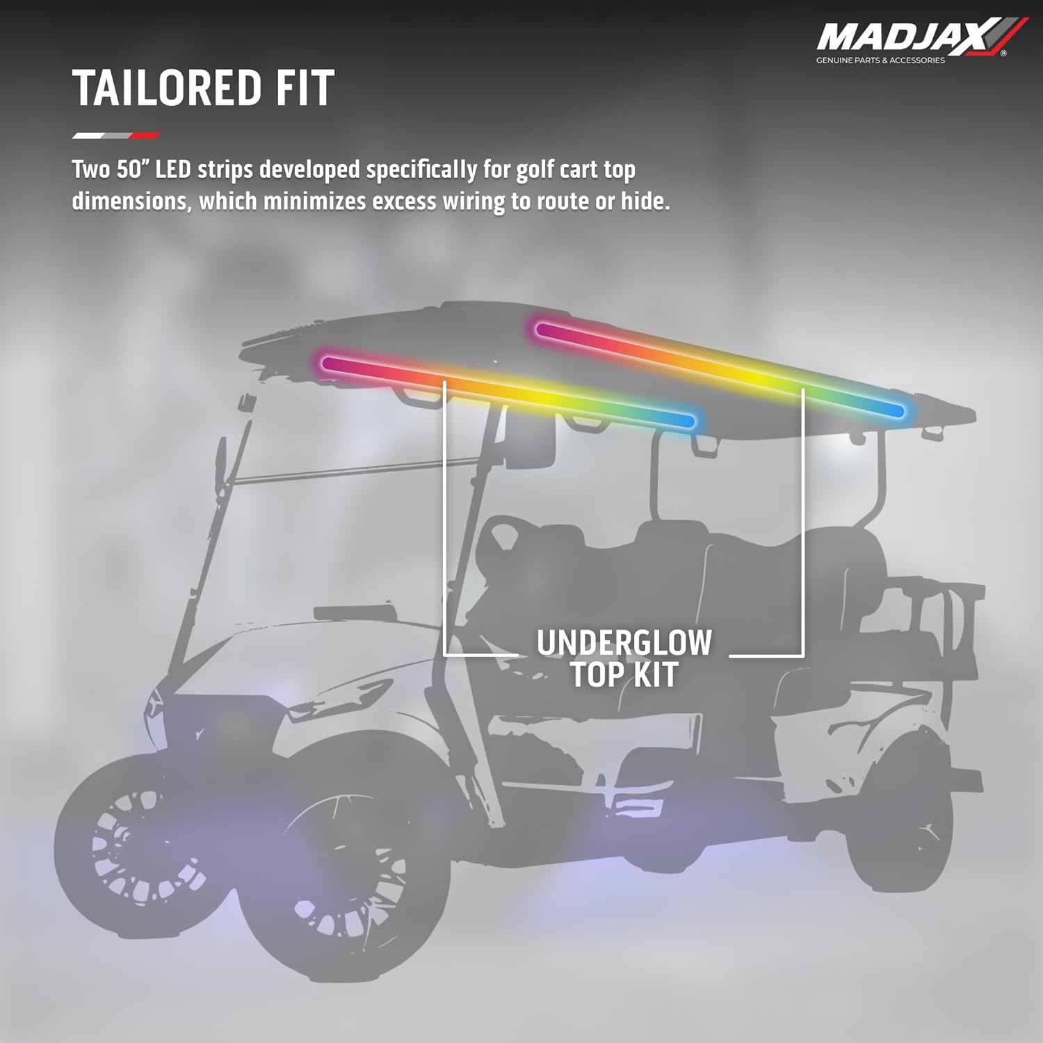 MadJax LED Golf Cart Underglow Accent Neon Light Strip Kit Compatible with EZGO Club Car Yamaha 12V | Sync to Music and Headlights with App Control | Water Resistant | 2PC (Under Top Kit)