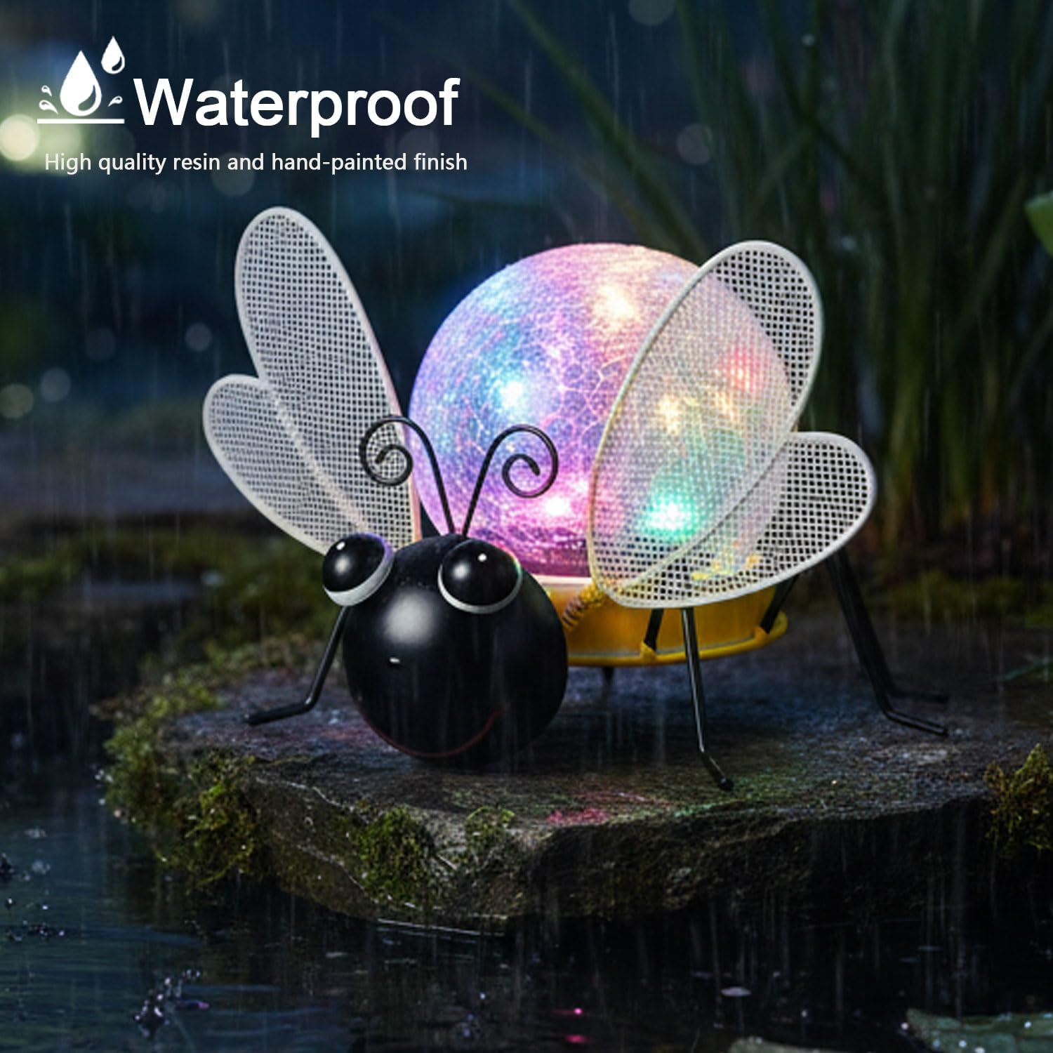 Solar Lights Outdoor Bee Decor with Crackle Glass Globe Lights - Cute Metal Bee Decor for Yard Lawn Patio Porch Pathway Tabletop, Housewarming Gifts for Mom Women