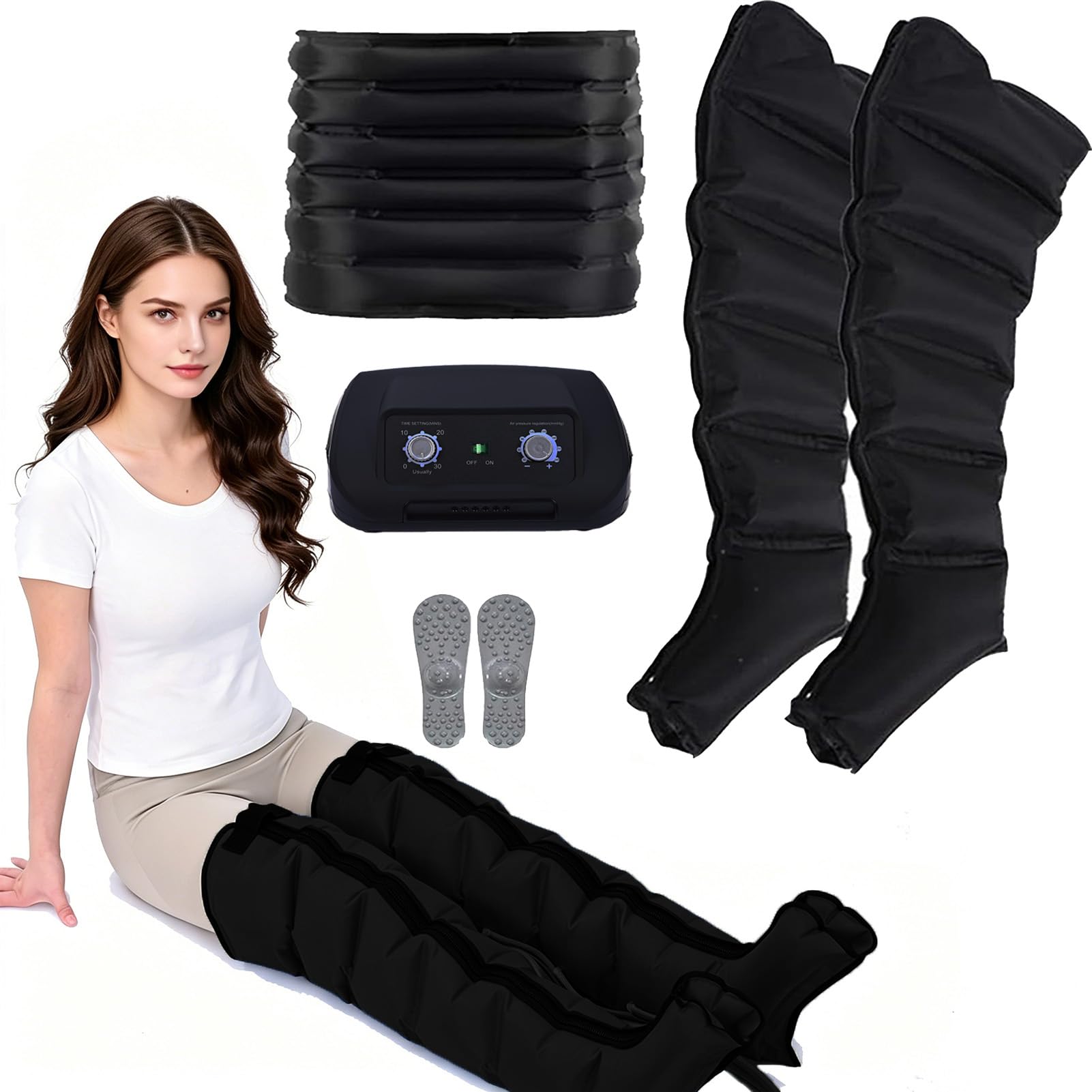 Botas Presoterapia y Masajeador Profesional, 6 Cámaras, Presión Ajustable 0-240 Mmhg, Tiempo 0-30 Minutos, Promueve Circulación, Ideal Personas Piernas Hinchadas, Uso Casa, Relajación Total