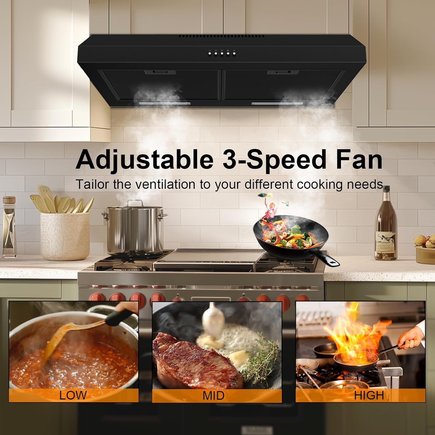 Image showing a range hood above a stovetop with three panels below illustrating different fan speeds: Low for stewing, Mid for grilling, and High for frying.