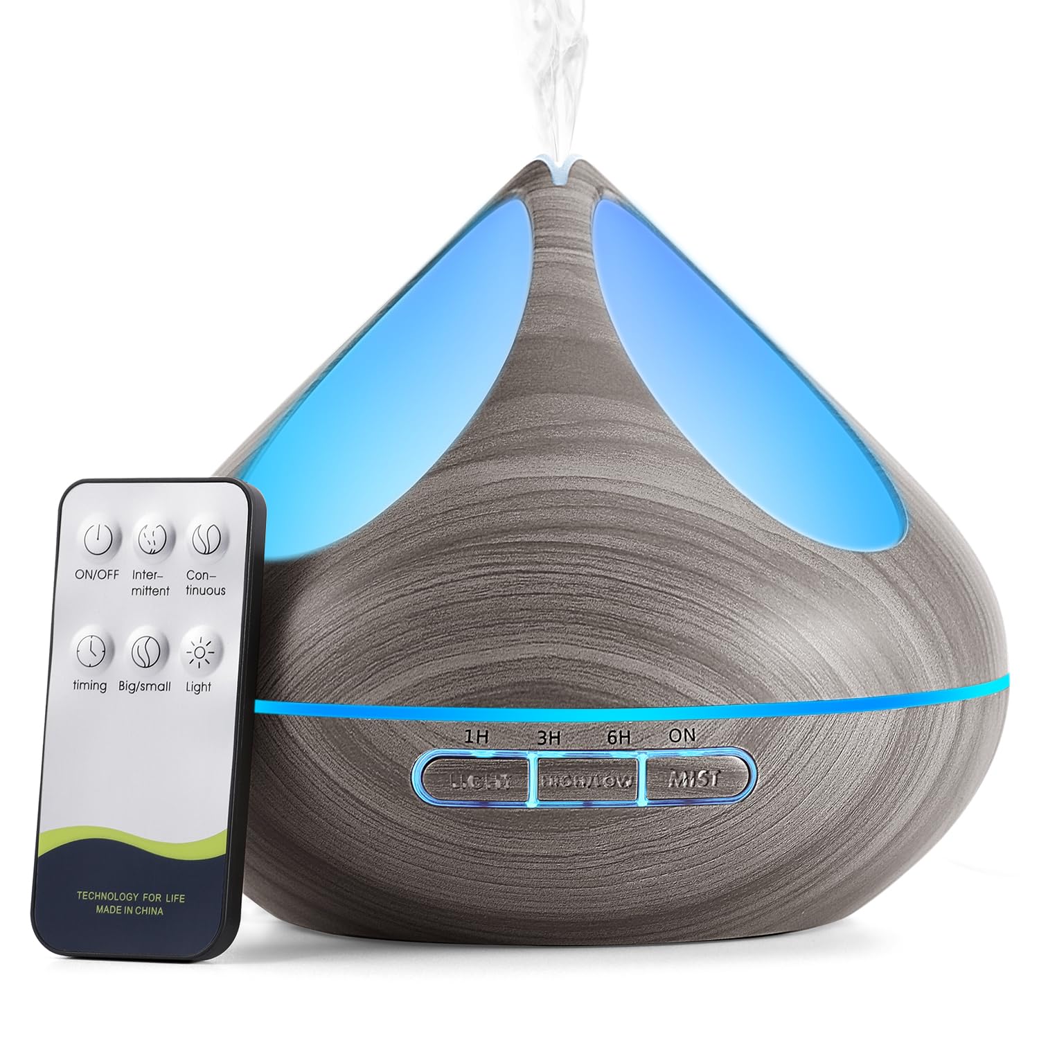 Aroma Diffuser Electric Humidifier : Ultrasonic Diffusers for Home - 500ml&4 Timers& 7-LED - For Family&In Office Bedroom - With Remote Control&Gift for Mom, Grey