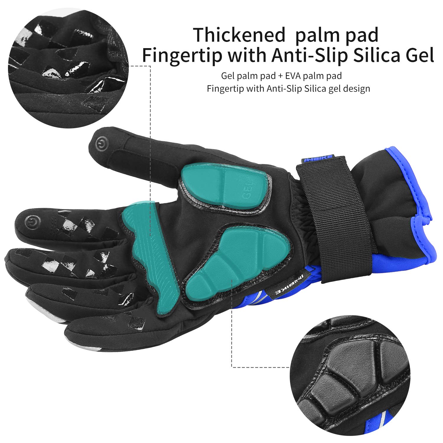 INbike Gants d'hiver pour homme et coupe-vent en gel thermique réfléchissant, écran tactile, pour VTT, bleu moyen