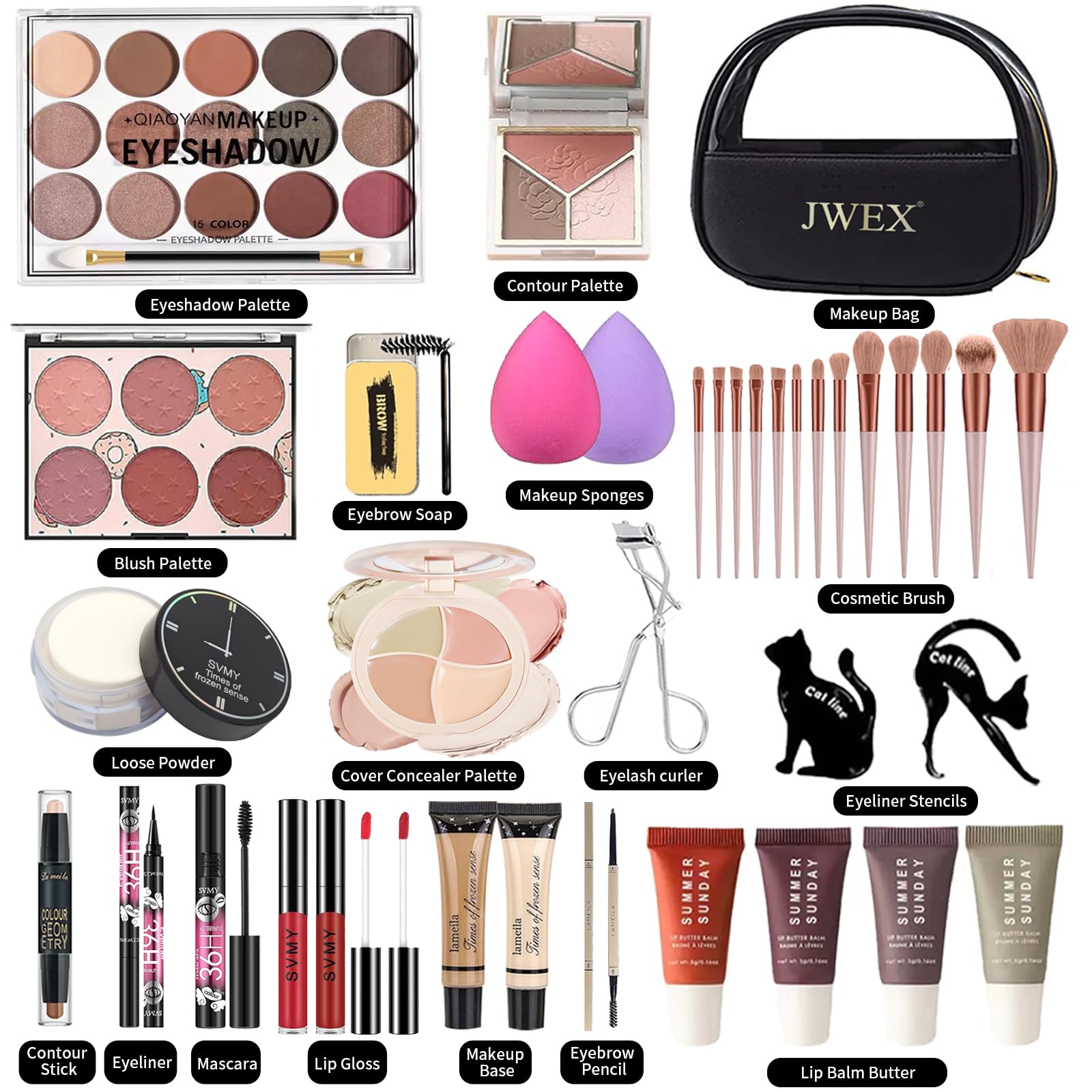 37 Pcs All in One Makeup Kit, Make up Set, Multifunktions Kosmetik Schmink Kit Frauen, enthält 15 Farben Lidschatten Palette, Make-up-Pinsel, Lippenstift, Makeup Schwamm