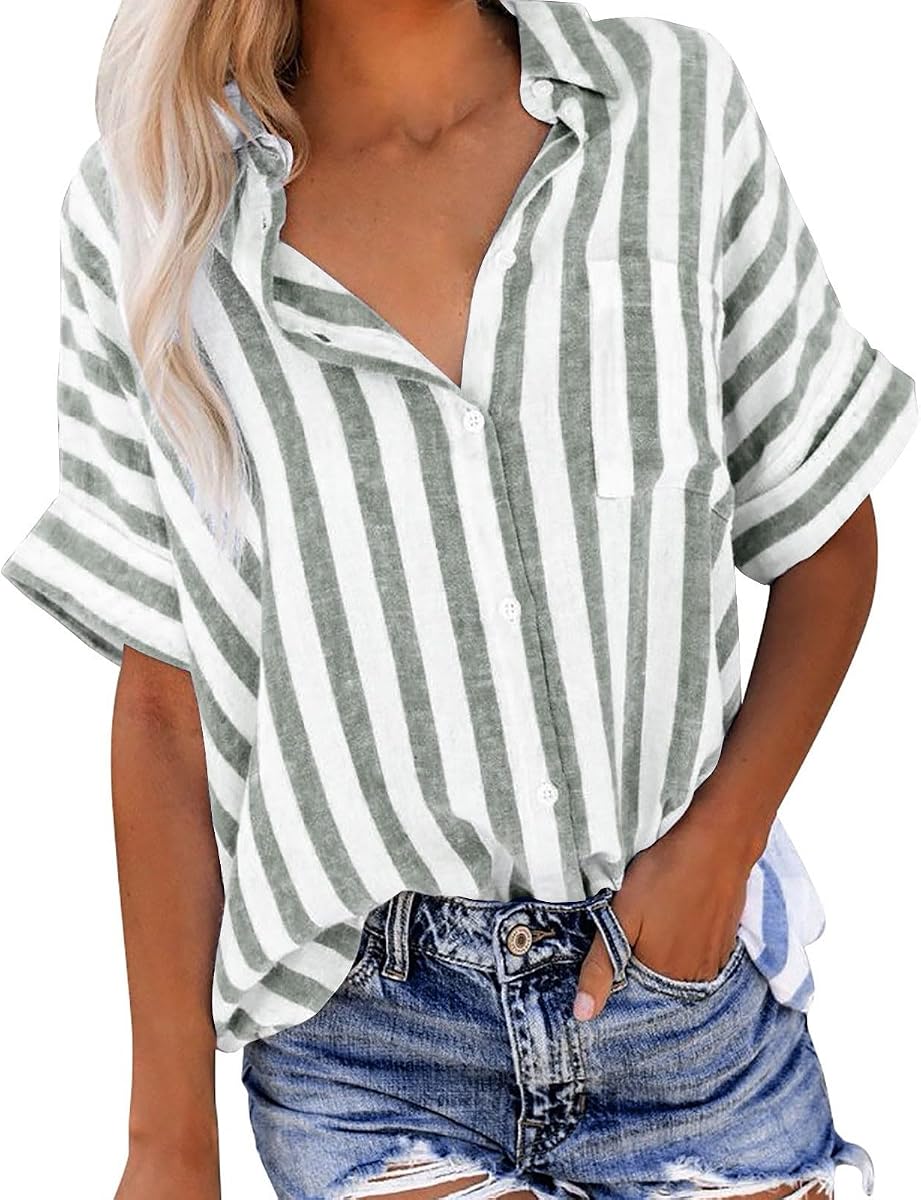 Camisas a rayas con botones para mujer, blusa de lino y algodón, Tops, camisa Guaze con cuello de manga corta, ropa de trabajo para vacaciones a la moda
