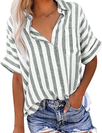 Women Button Down Striped Shirts Cotton Linen Summer Blouse Collared Short Sleeve Comfy Tops Work Office Wear Clothing