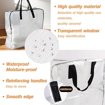80L Clothes Storage Bags, 4 Pack Large Clear Capacity Clothes Organizer with Zips, Moisture proof, Plastic Packing Boxes for Moving House with Durable Handles for Clothing, Duvet, Bedding (Black)