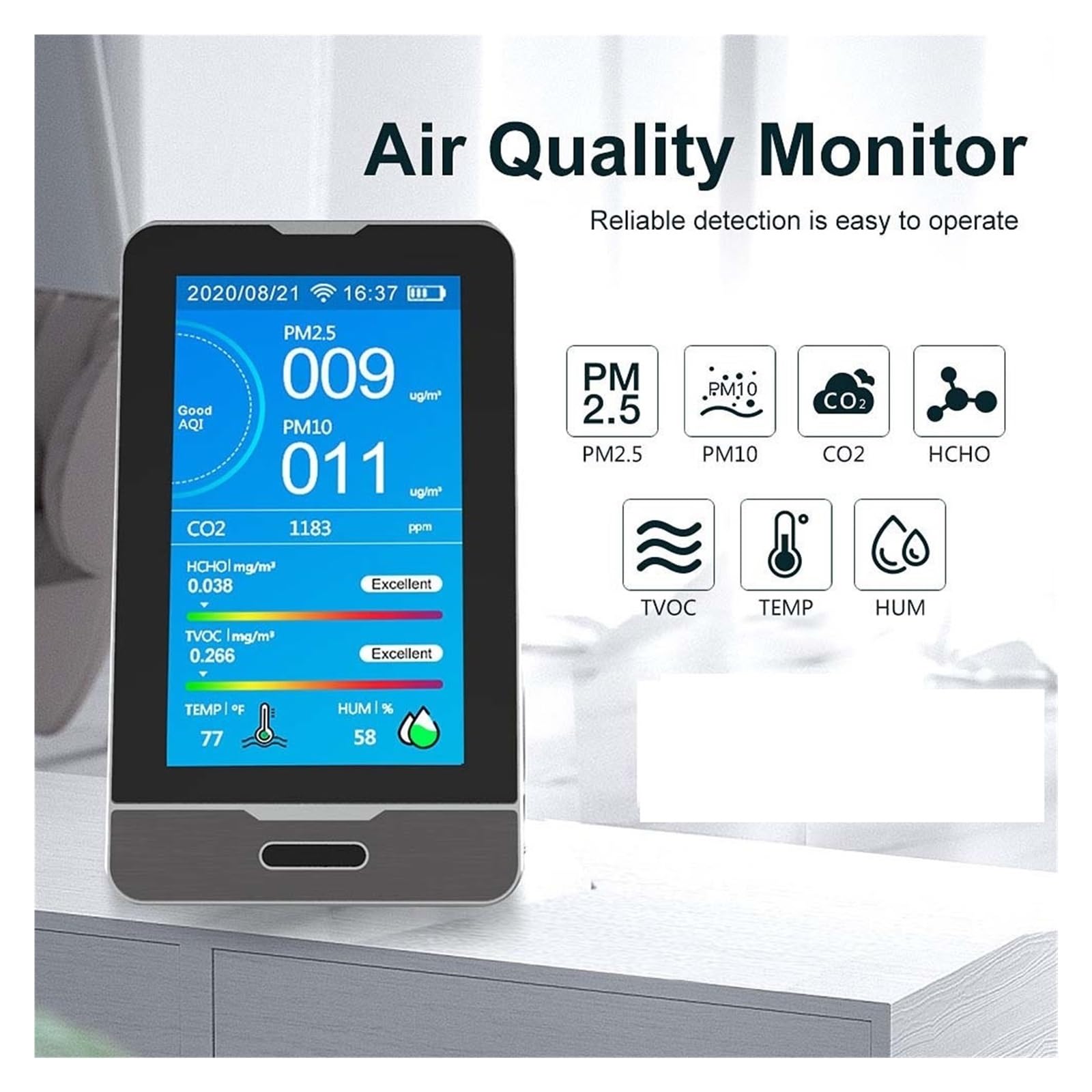 Detector de calidad del aire 10 en 1, probador CO2 PM2.5 PM10 TVOC HCHO, Monitor formaldehído, pantalla LCD tiempo, Sensor infrarrojo, Reloj Atmos
