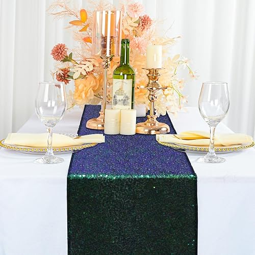 Miniatura 2 de ShinyBeauty Camino de mesa de 2 caminos de mesa con lentejuelas color verde y azul de 12 x 108 pulgadas, cortinas con purpurina para bodas (verde