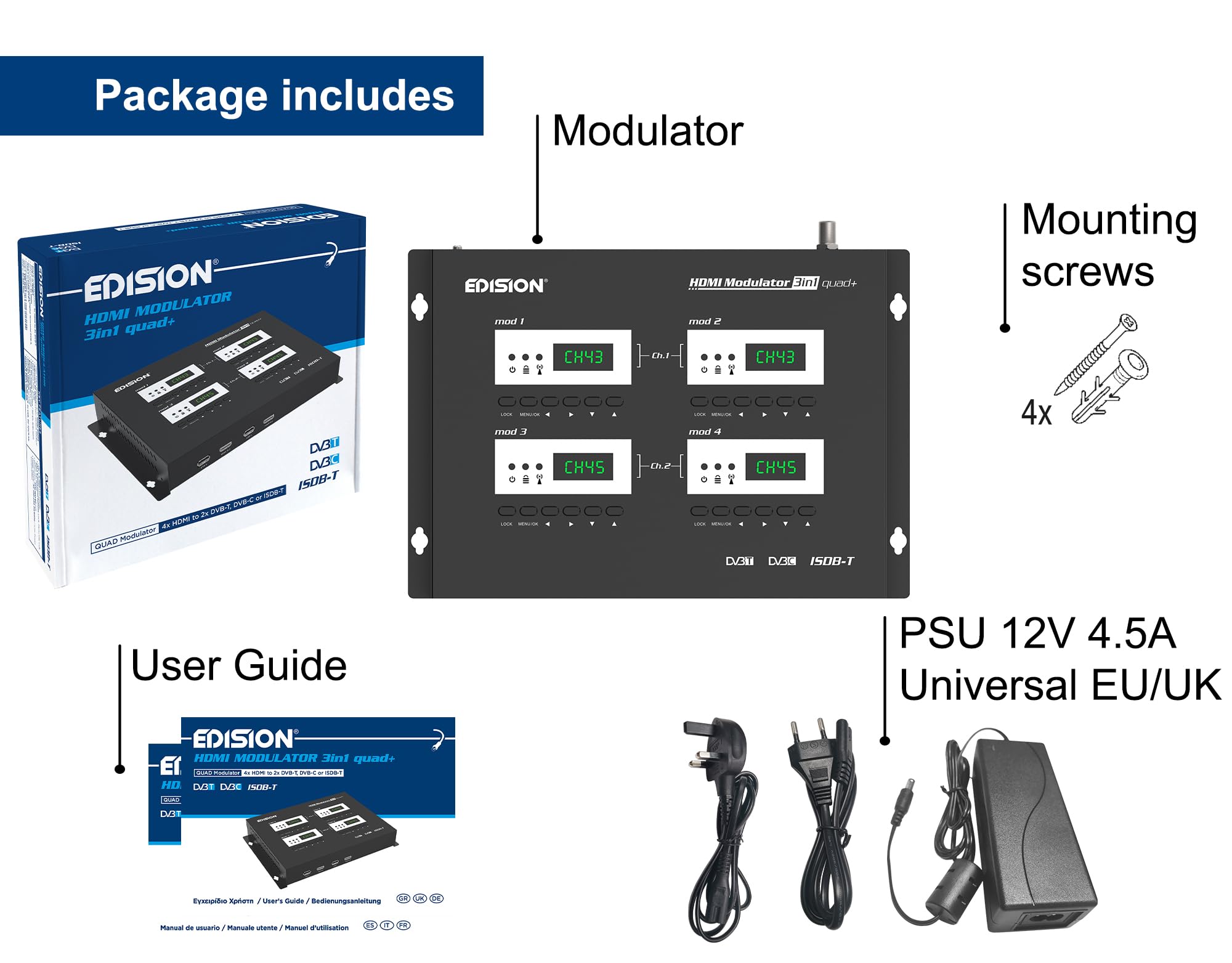 EDISION Modulateur HDMI 3in1 Quad+ RF 4X HDMI DVB-T ISDB-T DVB-C Full HD Coaxial Plug and Play