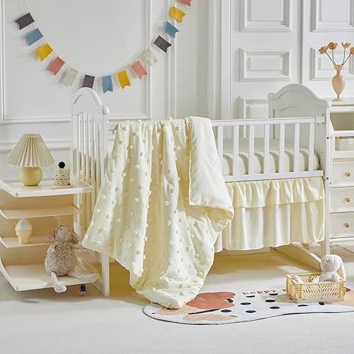 Miniatura 2 de Juego de ropa de cama blanca para cuna, edredón jacquard de lunares con sábana bajera y falda de cama, bonito bordado, bohemio, shabby chic, suave