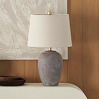 Nourison Home 24" Rustic Farmhouse Ceramic Table Lamp - Grey Brown Distressed Base, Beige Linen Shade for Bedroom Living Room Office