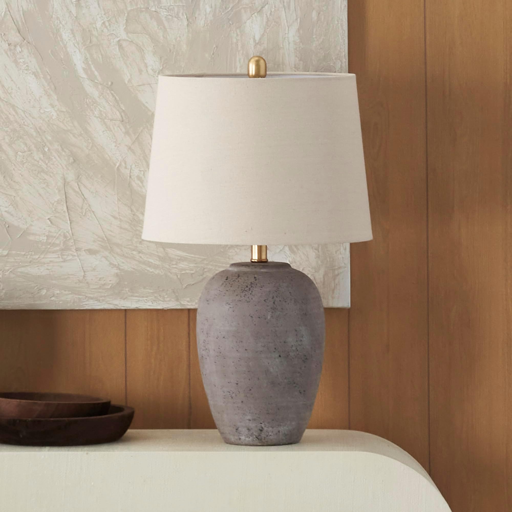 23" Earth Brown Rustic Ceramic Jar Table Lamp for Bedroom, Living Room, Dining Room, Office, with Beige Tapered Drum Shade
