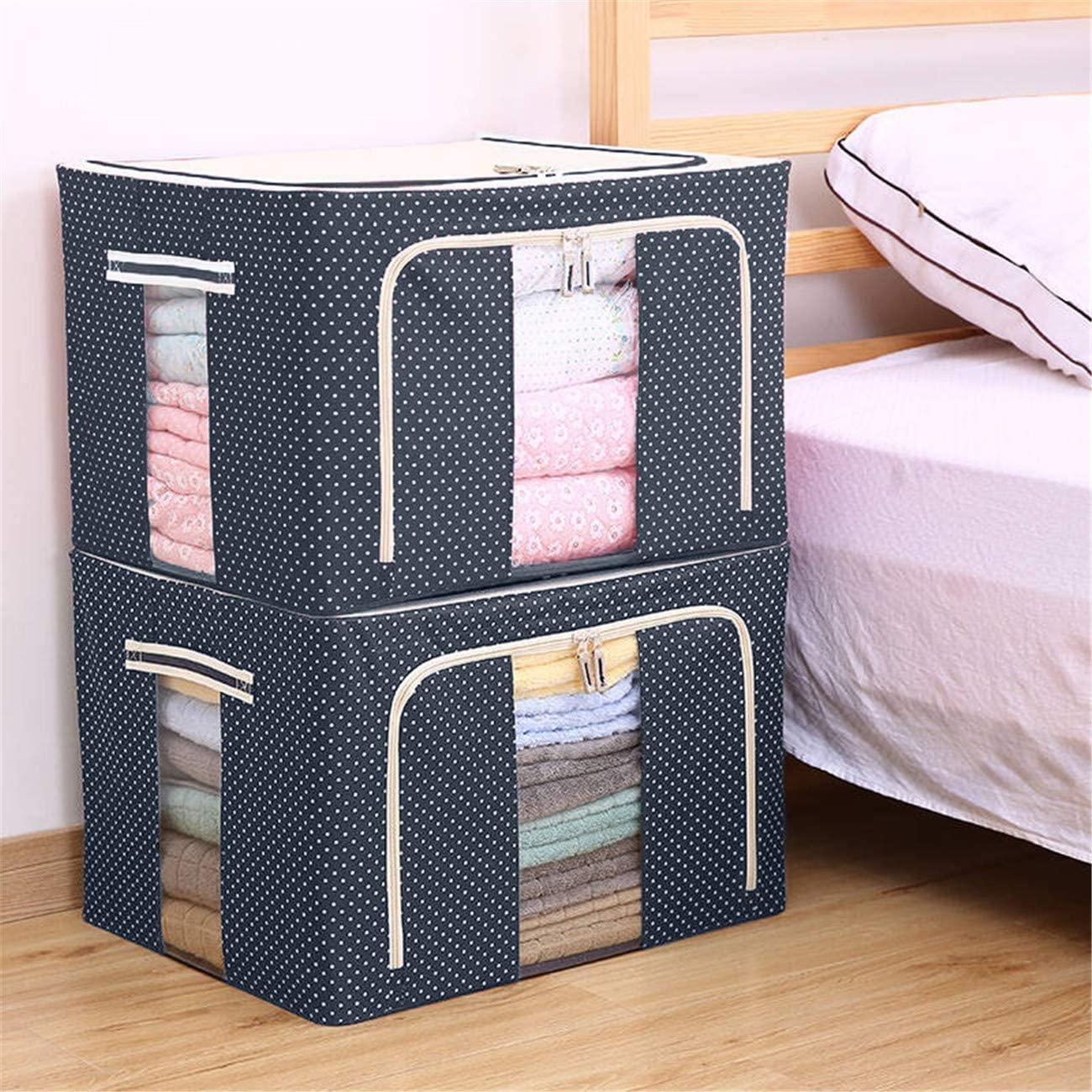 Kmils 2 Pieces Fold-able & Stack-able Clothes Storage Organizer for Saree, Dress, Comforter, Blanket and Beddings, Clothes Storage Box with Sturdy Steel Frame (66L Capacity, Fabric, Alloy Steel)-image-43