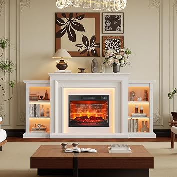 72" Electric Fireplace with Mantel,White TV Stand with Red Brick Fireplace,Modern Entertainment Center with LED Lights for Bedroom Living Room