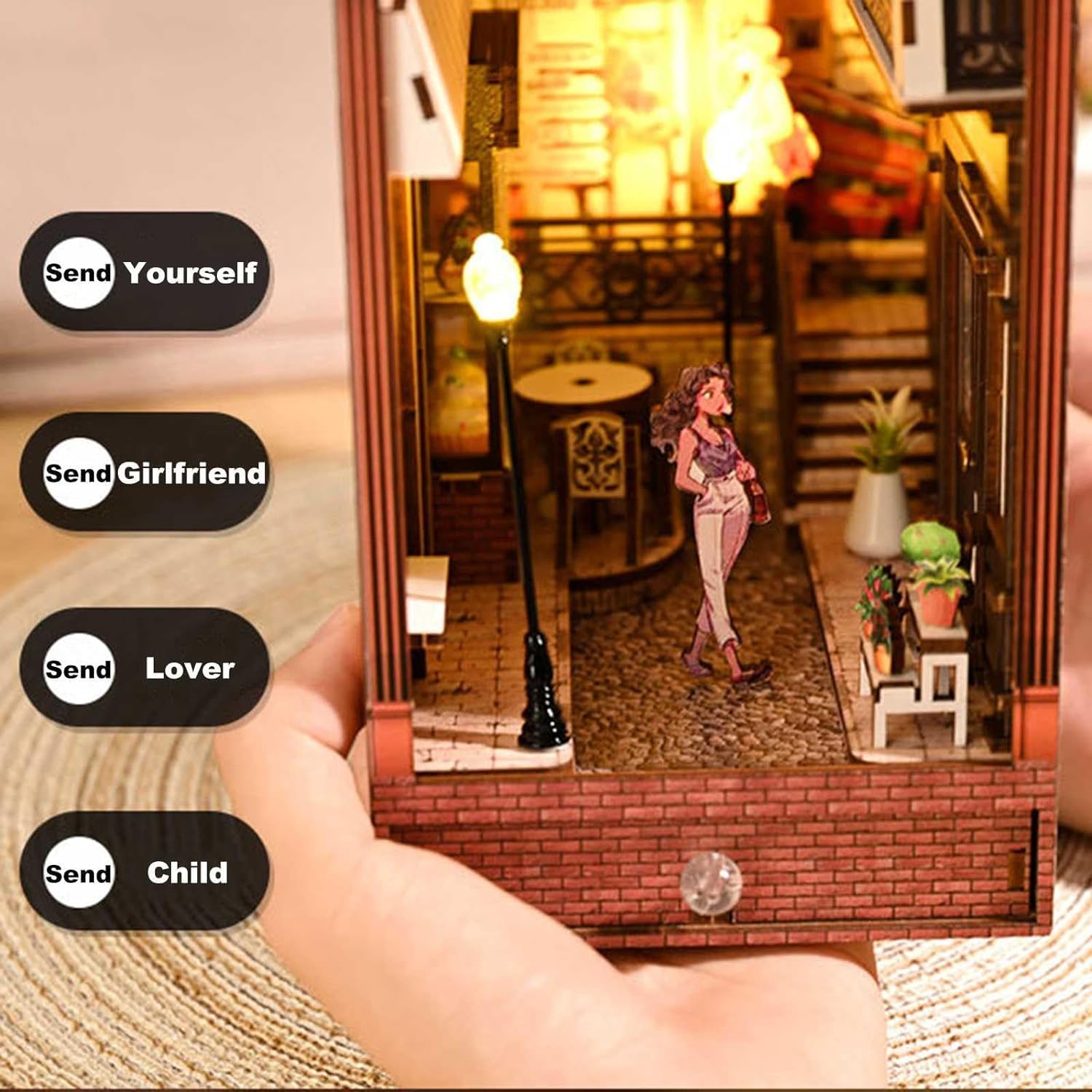 Model edukacyjny Zestaw LED do kącika książek-DIY Dekoracyjny stojak na książki do dekoracji półki na książki, drewniane puzzle 3D Miniaturowy domek dla lalek Kreatywność Wkładka na półkę z dotykiem L