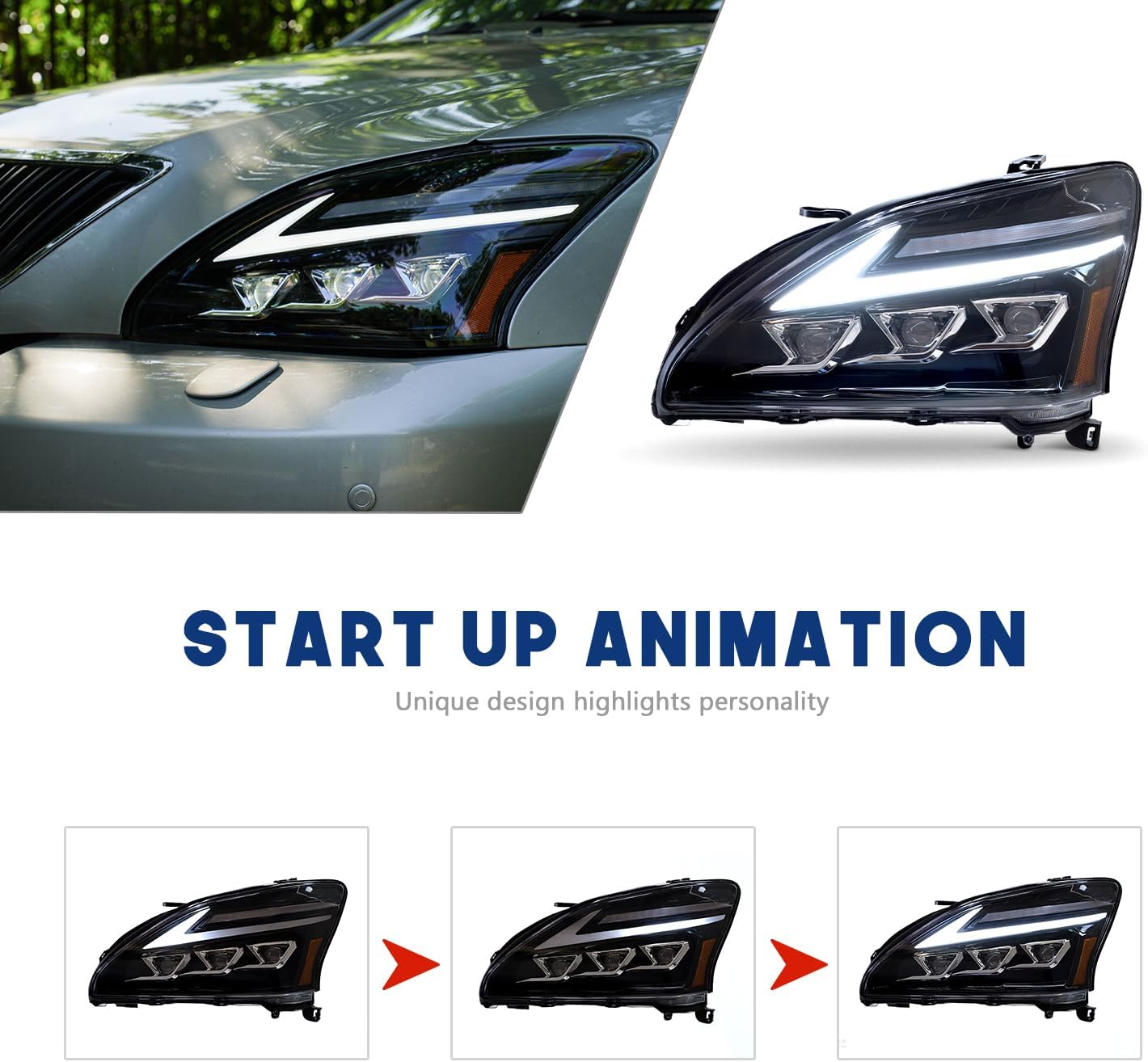 HCmotion Headlights Assembly For Lexus RX 330 350 400h 2003-2009 With Start UP Animation, DRL With Sequential Indicator LH + RH