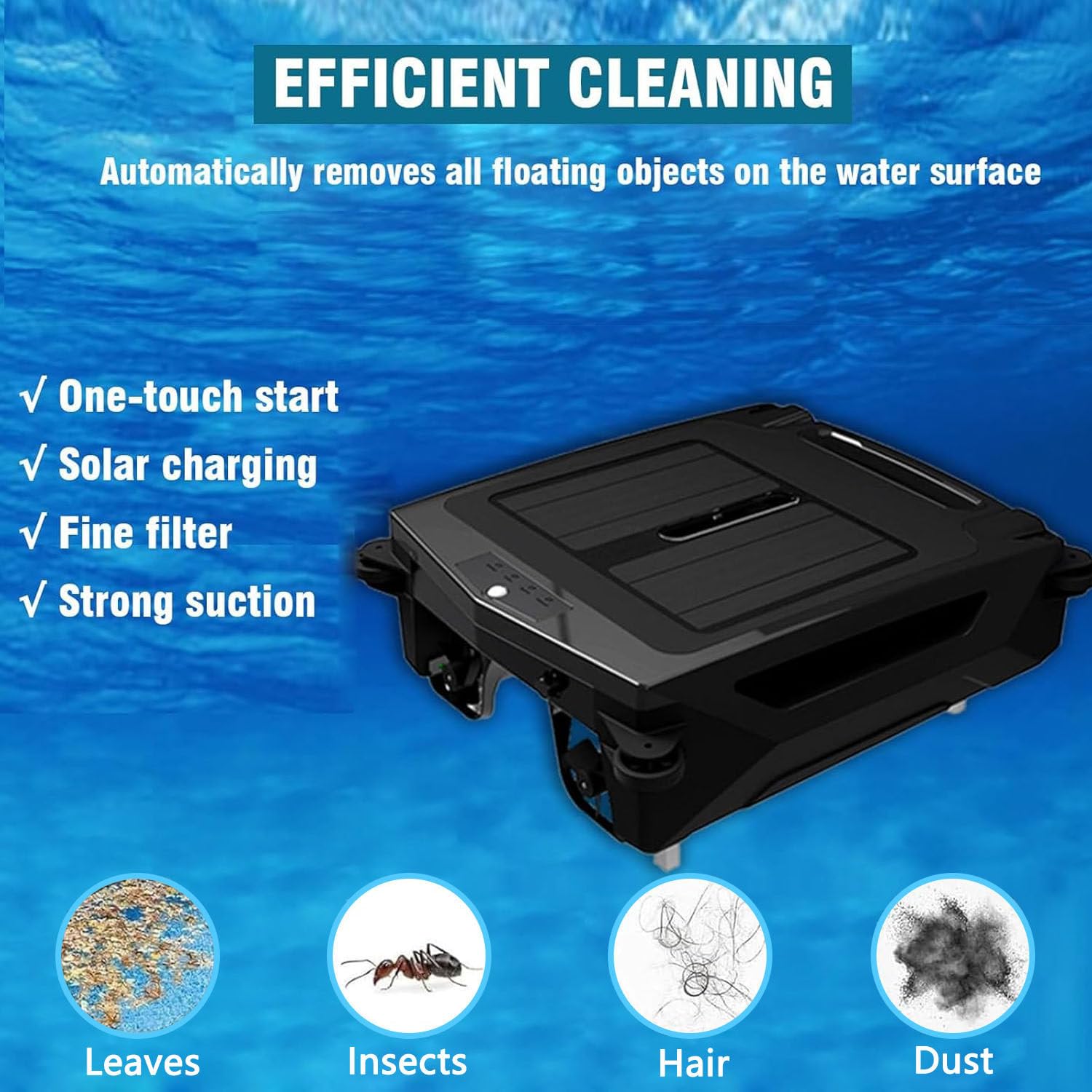 Écumoire de piscine robotique solaire avec double puissance, évite les obstacles, autonomie de 5 h pour un nettoyage efficace de la piscine