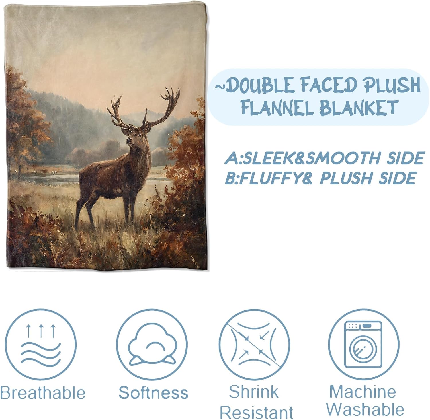 Vintage Deer Blanket 50x60 Inch Autumn Forest and Wildlife Throw Soft Cozy Flannel Blankets Practical Decorative Throws for Couch Sofa Travel Picnic Thoughtful Gifts for Adults Animal Lovers