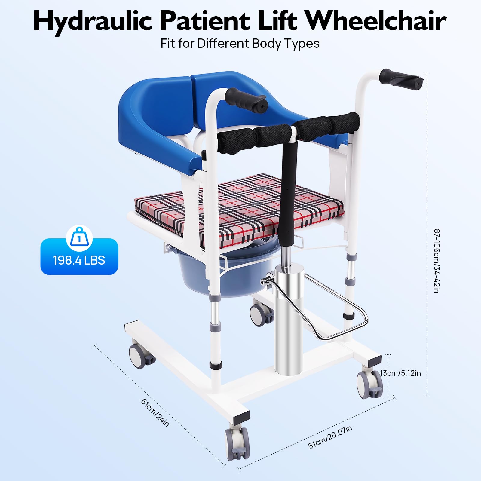 Fauteuil roulant hydraulique pour patients, chaise de transfert divisée à 180°, avec pot, capacité de charge 90 kg, hauteur réglable 42-61 cm, pour personnes handicapées, paralysées,