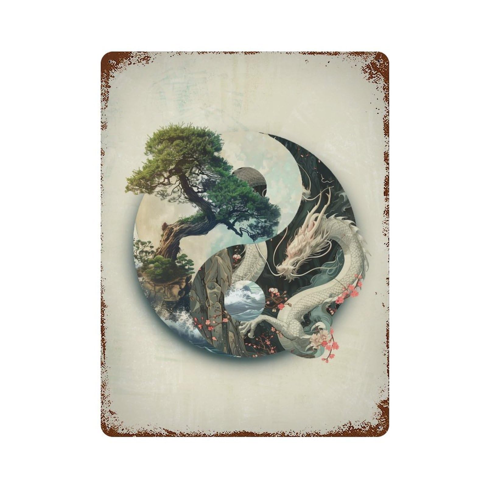 Bonsai Dragon Yin Yang Retro Metal Sign 15.7"x11.8", for Pub, Kitchen And Man Cave Decor, Retro Wall Decor