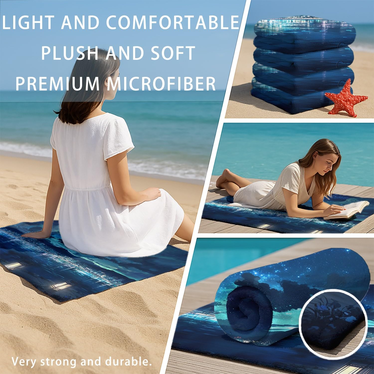Sommer, Strand, Klar, Urlaub, Haustiere Strandtuch 200 x 145 cm – Saugfähiges Schnell trocknendes Strandtuch Welpe im gestreiften Badeanzug, Strand, Seesterne für Campen, Picknick, Ausflüge