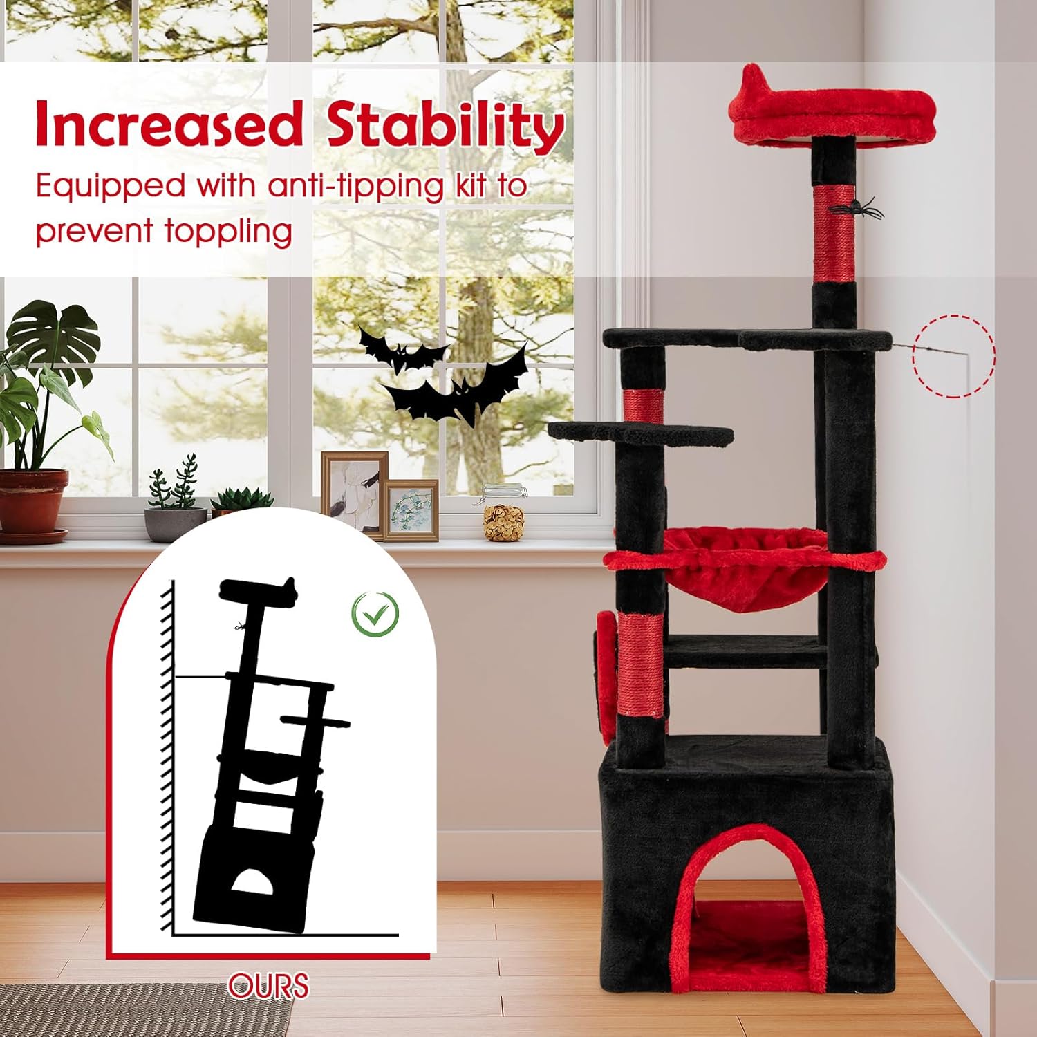 Tangkula Gothic Cat Tree, Halloween Cat Tower with Sisal Scratching Posts & Board, Spooky Bat-Shaped Platforms, Spider Toy, Devil Ear-Shaped Perch, Goth Cat Tree w/Large Hammock & Condo, Black & Red