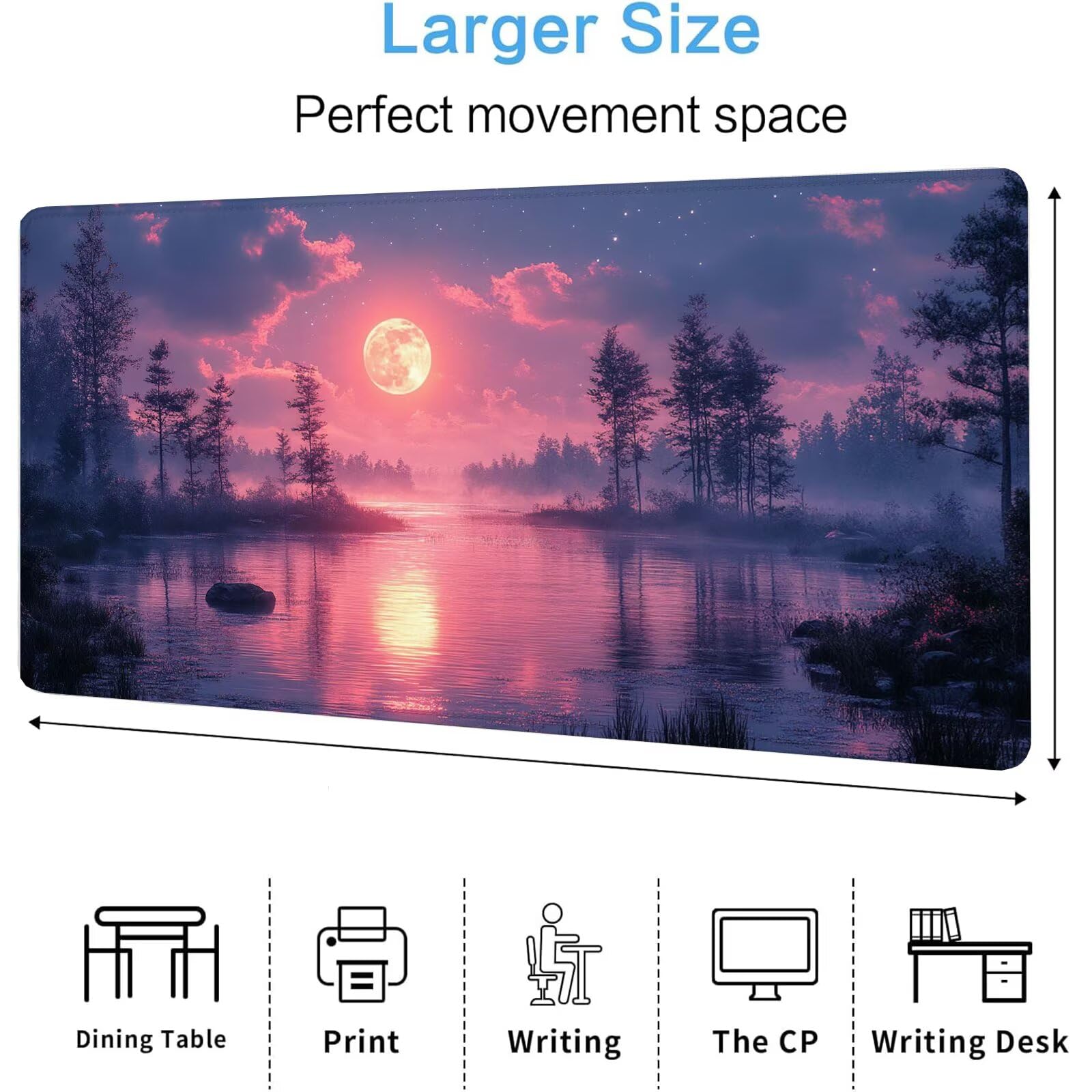 Leśna podkładka pod mysz XXL Księżyc 1600 x 800 x 4 mm Podkładka pod mysz do gier, duża wodoodporna antypoślizgowa podkładka na biurko, podkładka pod mysz szyte krawędzie dla graczy, komputera,